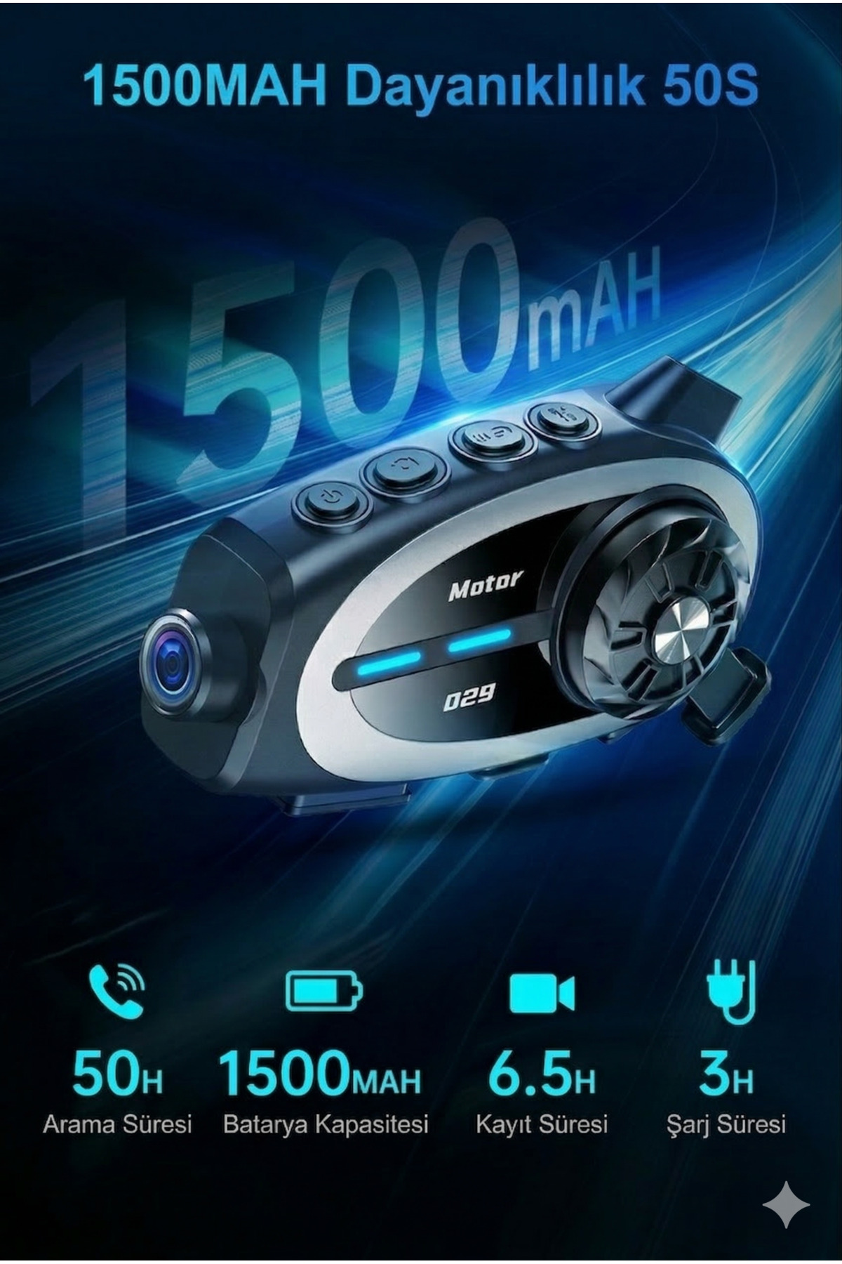 Motosiklet Kask İnterkom 1080P Full HD Kask Kamerası - Bluetooth 5.0 - 1000M Menzil - Su Geçirmez