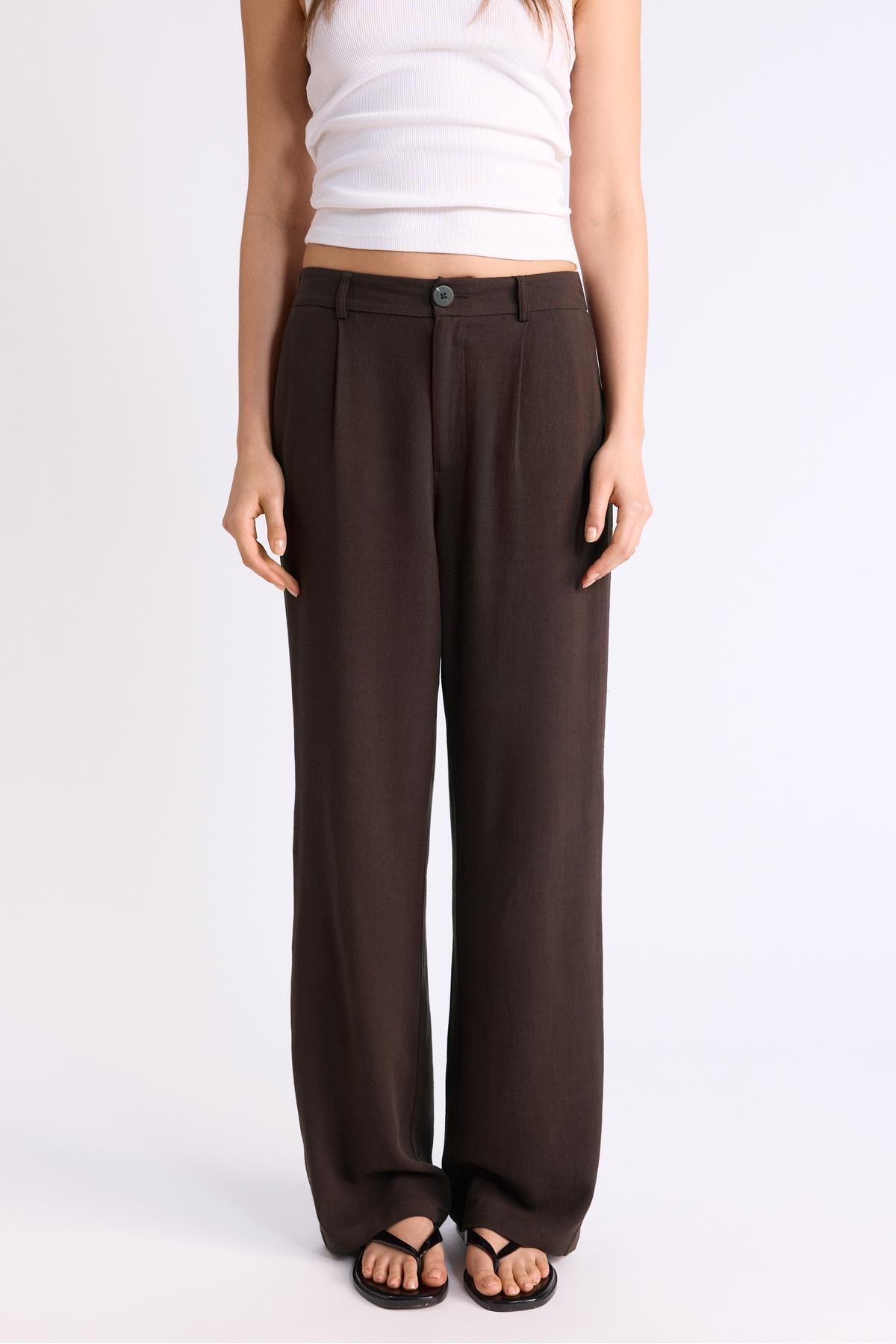 Stradivarius  Keten görünümlü straight fit pantolon - Görsel 3