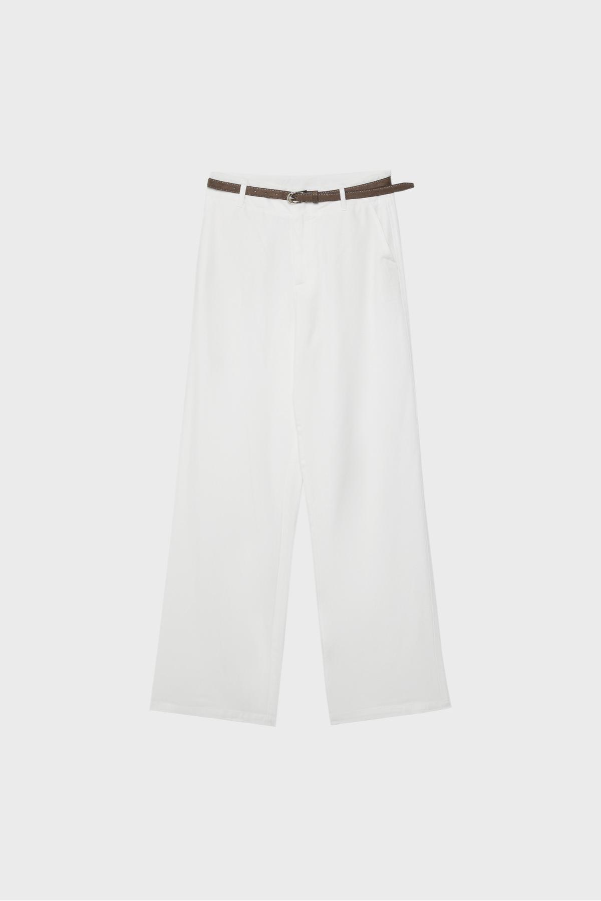 Stradivarius  Kemerli, keten görünümlü düz paça pantolon - Görsel 6