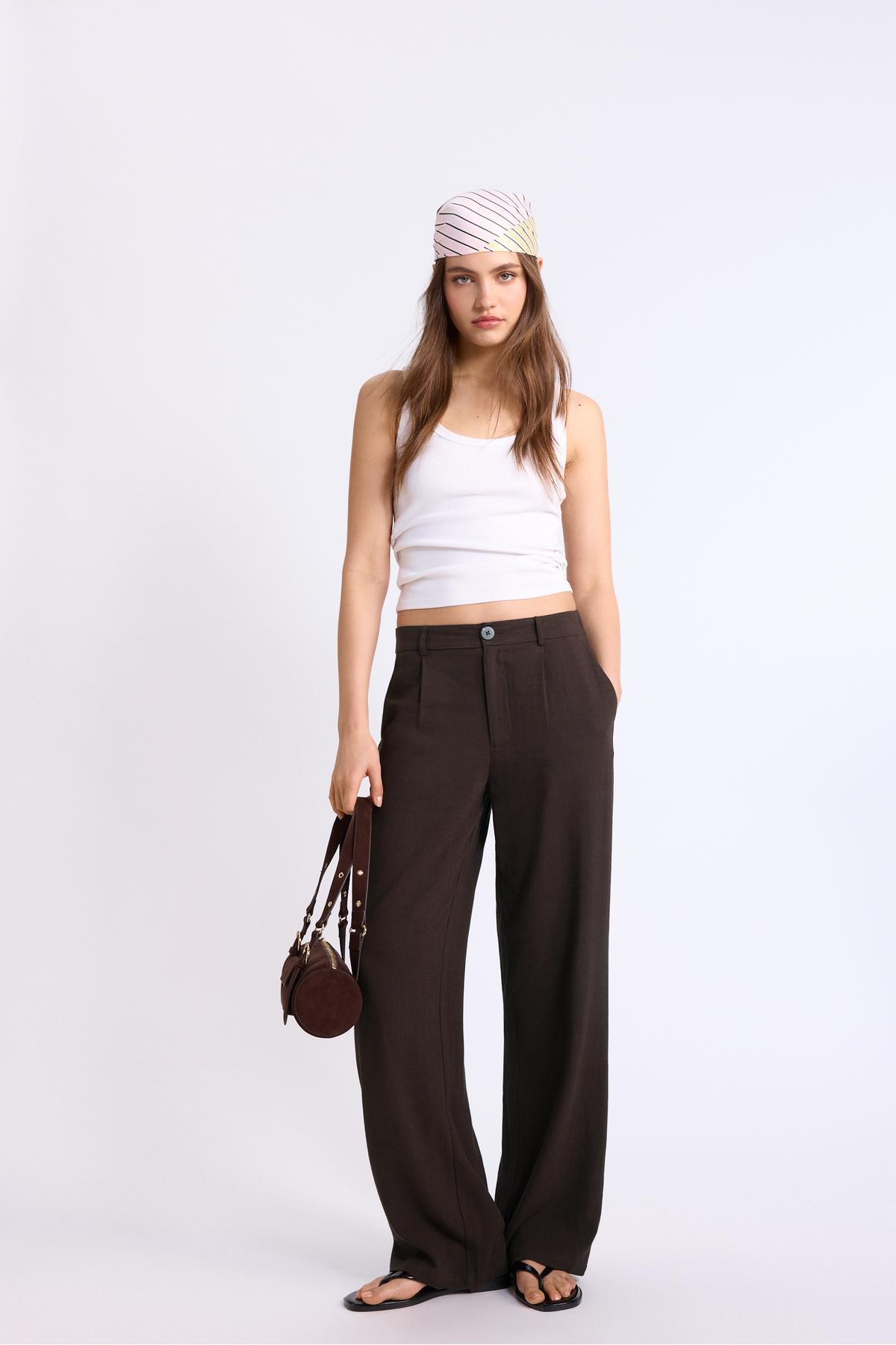 Stradivarius  Keten görünümlü straight fit pantolon - Görsel 2