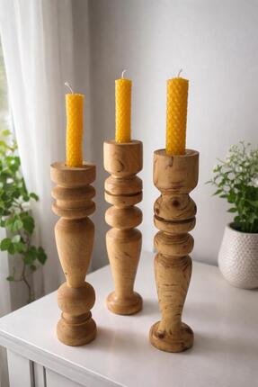 AUS CANDLE El Yapımı Ahşap Şamdanlı Bal Mumu 3lü set