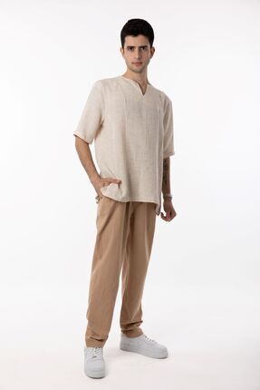 Qaviya Erkek Krem / Bej V Yaka Düşük Omuz Pamuklu Oversize Tişört / Bluz
