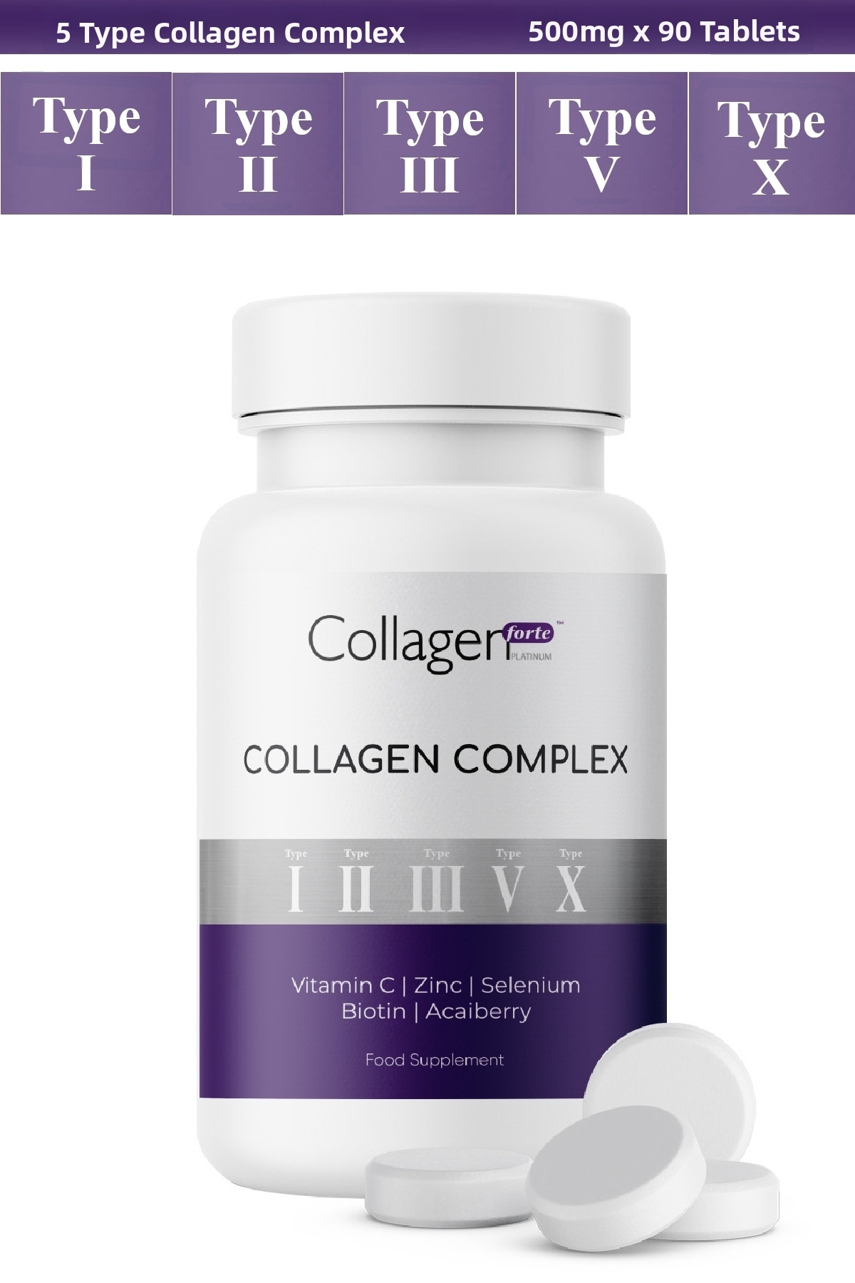 Collagen Forte Platinum 5 Types Collagen Complex Type 1,2,3,5 and Type 10 Bio...