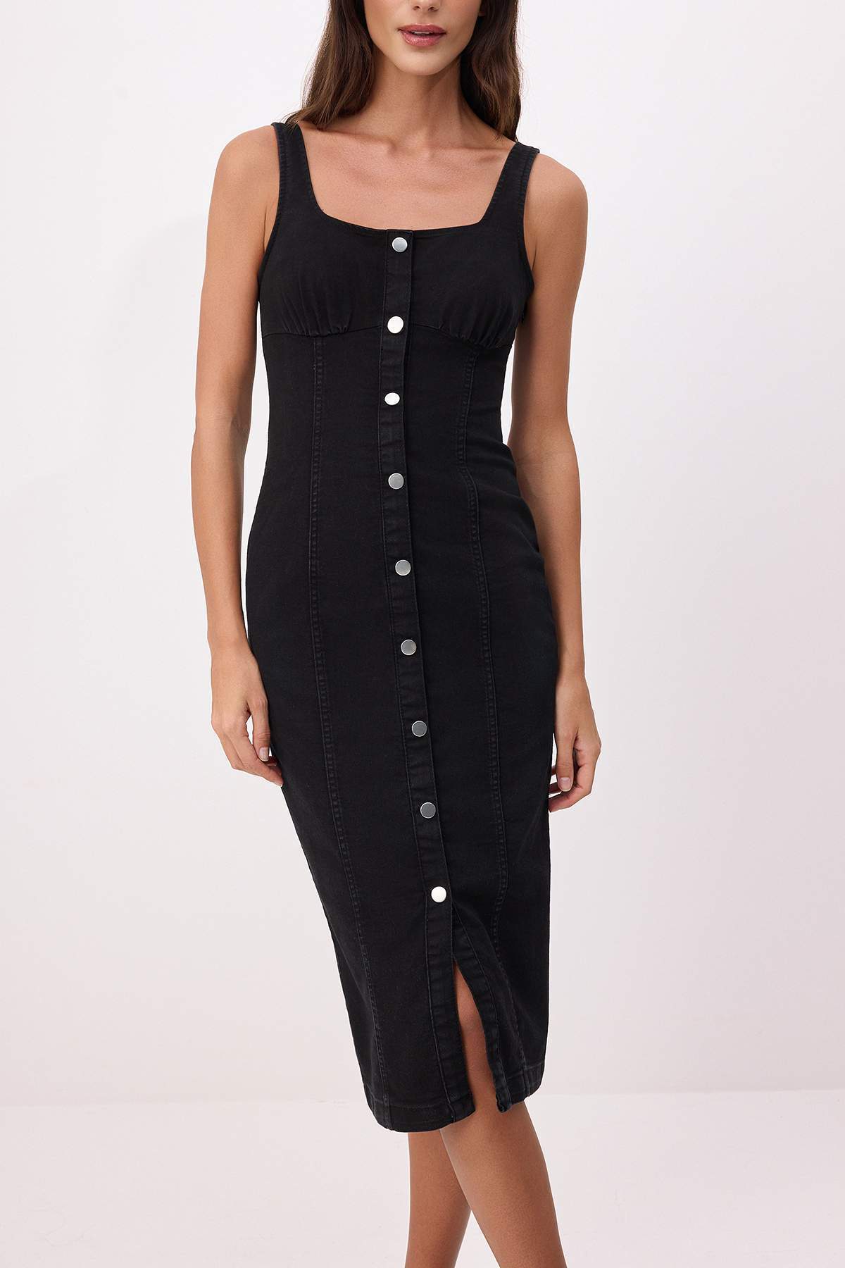 Trendyolmilla  Siyah Düğme Detaylı Orta Esnek Midi Denim Elbise TWOSS26EL00356 - Görsel 3