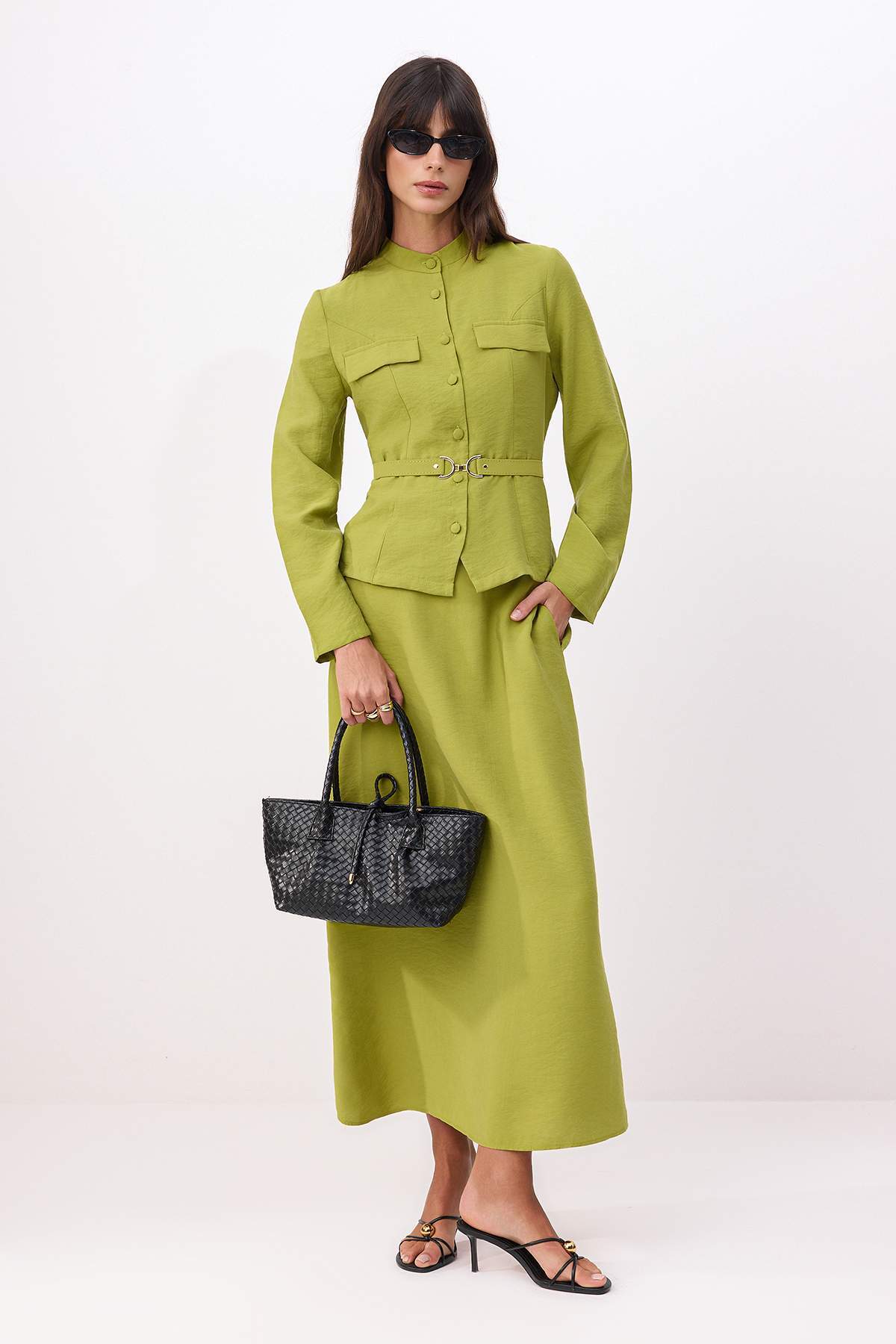 Trendyolmilla Modest Haki Regular Modal Kumaş Düz Dokuma Belde Kemer Detaylı Tesettür Alt - Üst Takım TCTSS26US00008