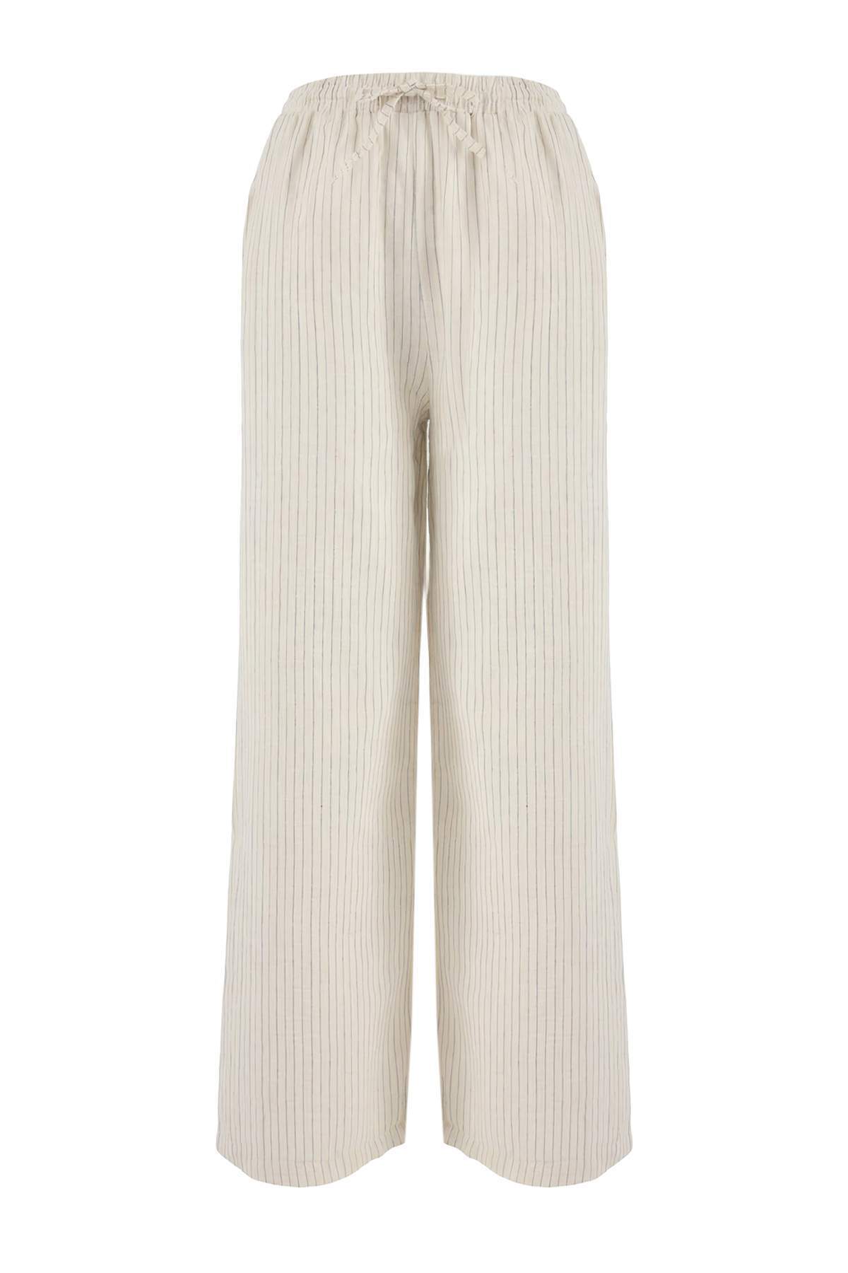 Trendyolmilla  Ekru Çizgili Dokuma Müslin 100% Pamuk Plaj Kimono Pantolon Takım TBESS26AU00023 - Görsel 7