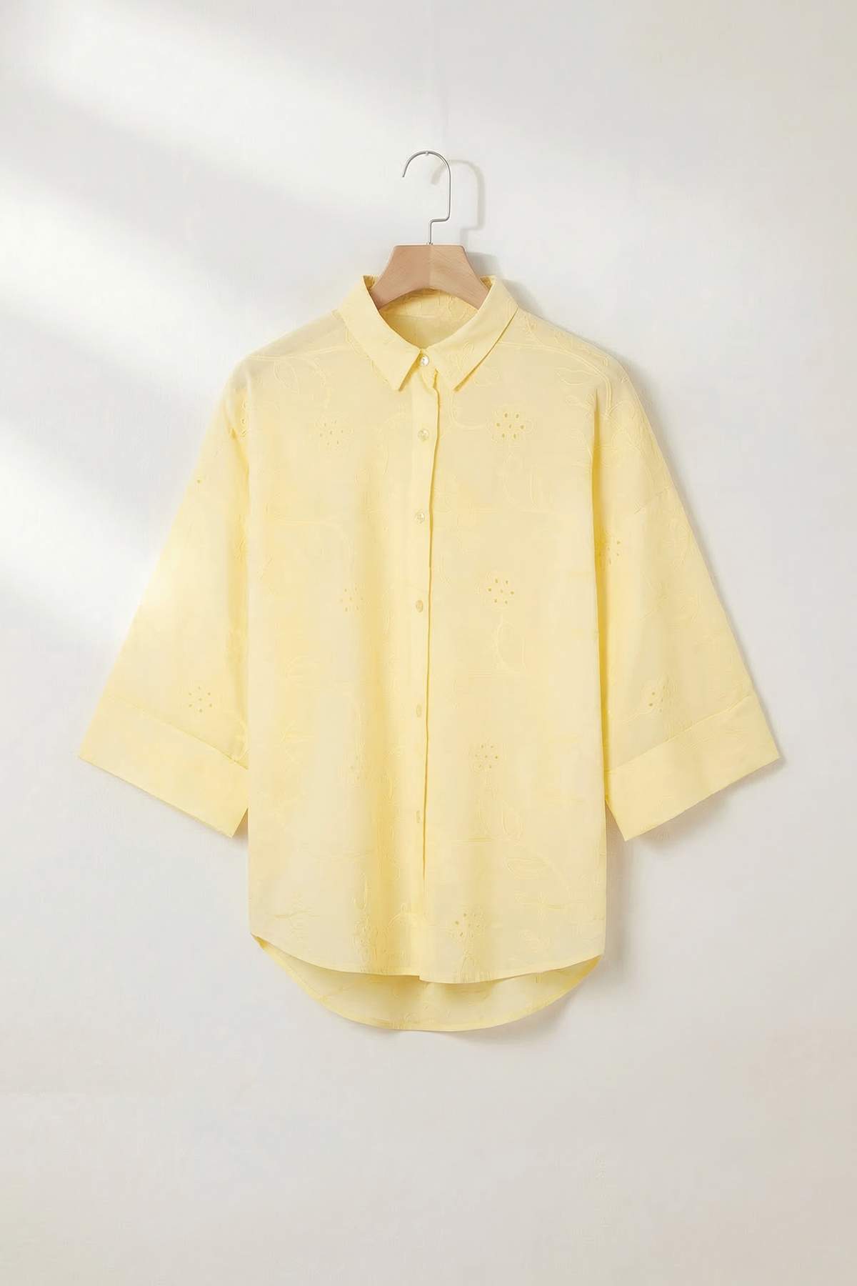 Trendyolmilla  Sarı Oversize Brode Dantel Nakışlı Pamuklu Truvar Kol Gömlek TDRSS26GO00033 - Görsel 5