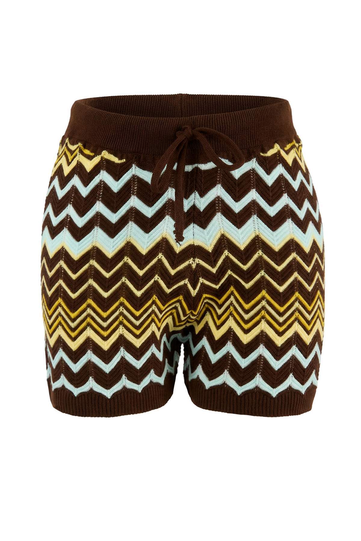 Trendyolmilla  Kahverengi Renk Bloklu Şort-Bluz Triko Alt - Üst Takım TWOSS26AU00050 - Görsel 9