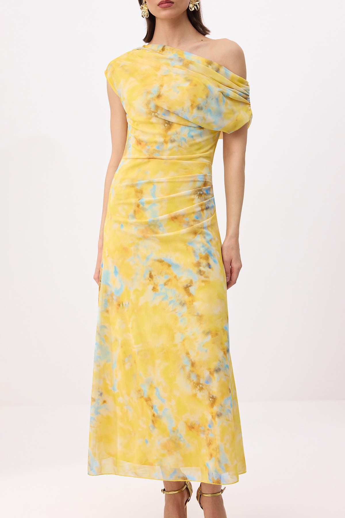 Trendyolmilla  Sarı-Çok Renkli Çiçekli Düz Kesim Örme Tül Maxi Astarlı Şık/Gece Elbise - Görsel 3