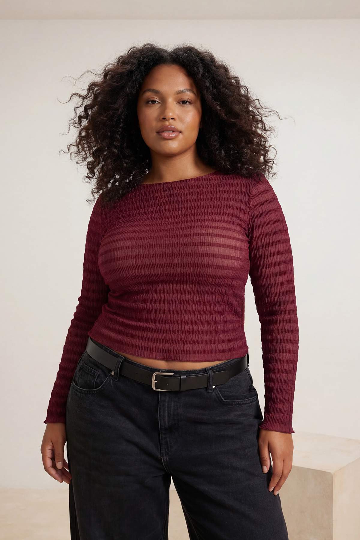 Trendyolmilla Curve Bordo Fitted/Vücuda Oturan Dokulu Tül Esnek Örme Büyük Beden Bluz TBBAW26AF00030