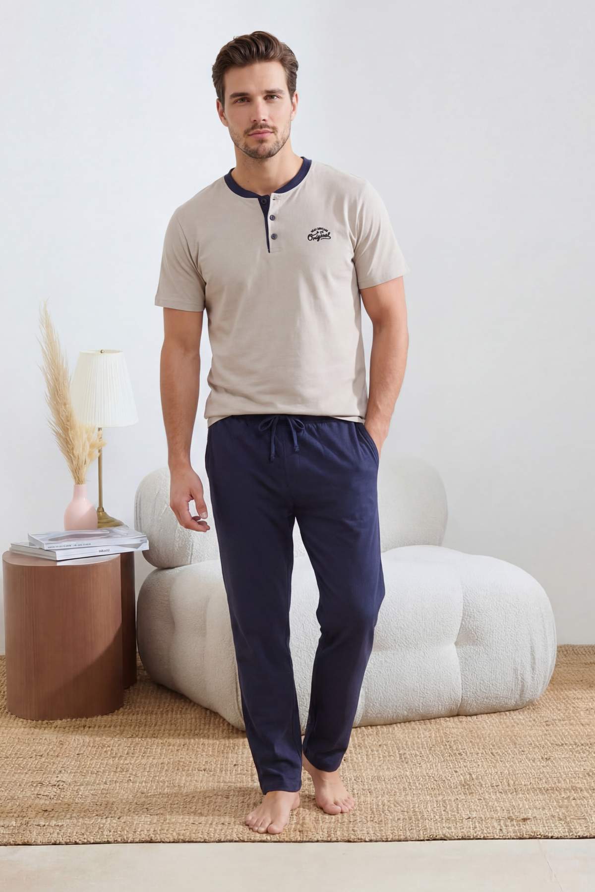 Trendyolmilla Man Gri Regular Düğmeli Yaka Örme Pijama Takımı TMNSS26PT00033