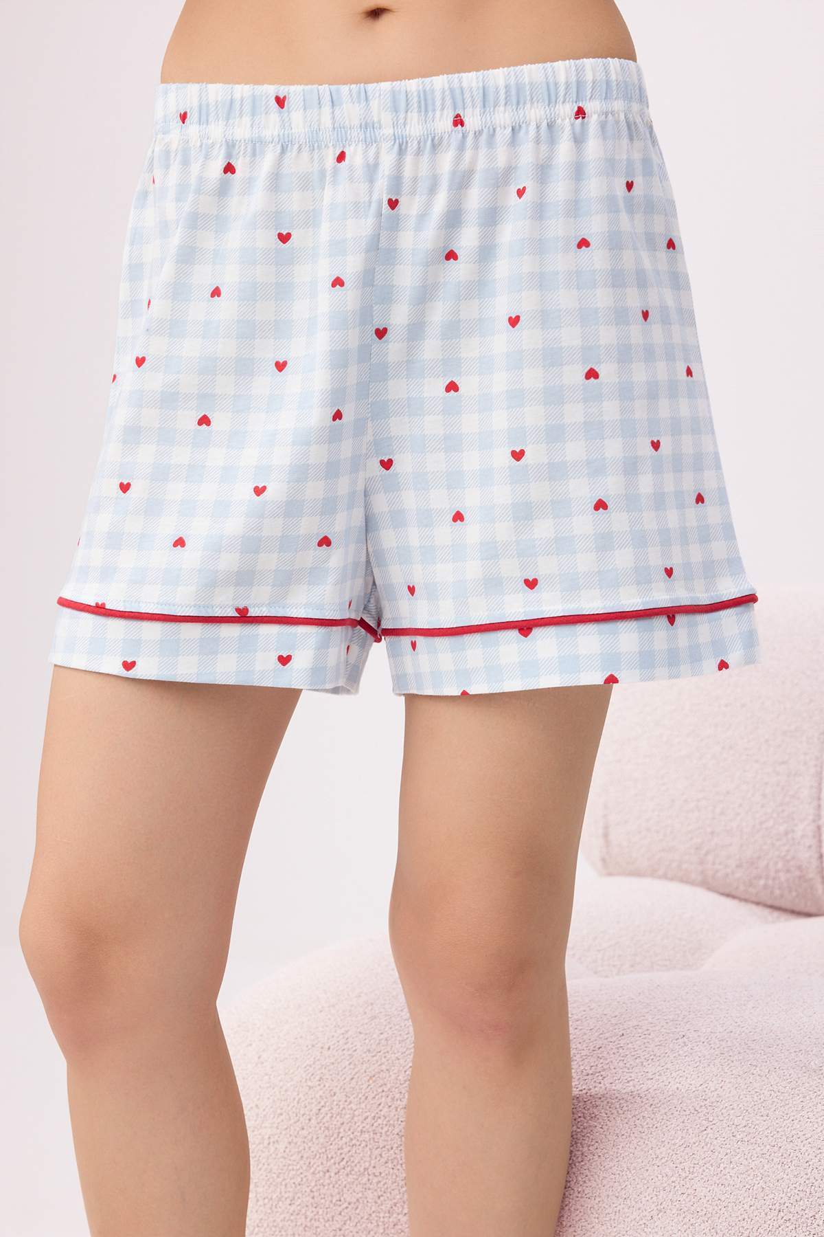 Trendyolmilla  Mavi %100 Pamuklu Kalp ve Ekose Baskılı Biyeli Örme Pijama Takımı THMSS26PT00157 - Görsel 3