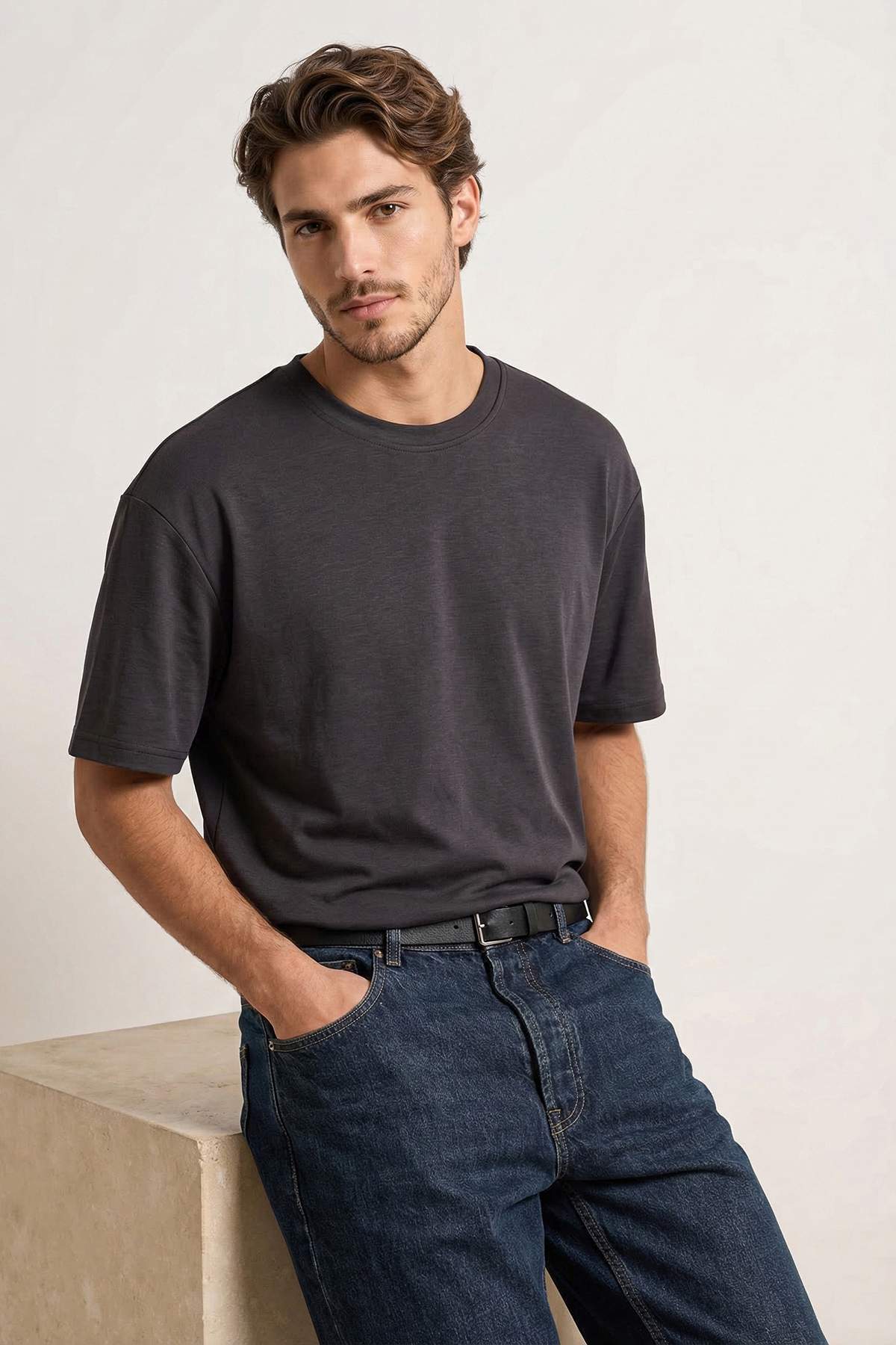 Trendyolmilla Man Füme Wardrobe Essentials Düşük Omuz Regular Fit Yumuşak Tuşe Modal T-Shirt TMNSS26TS00007