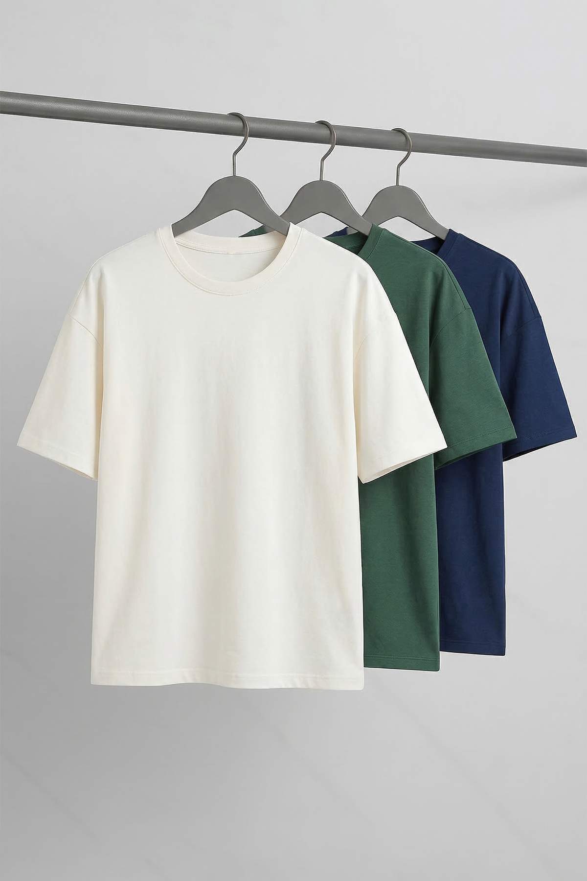 Trendyolmilla Man Ekru- Lacivert - Koyu Yeşil Oversize/Geniş Kesim 3'lü Paket %100 T-Shirt TMNSS24TS00026
