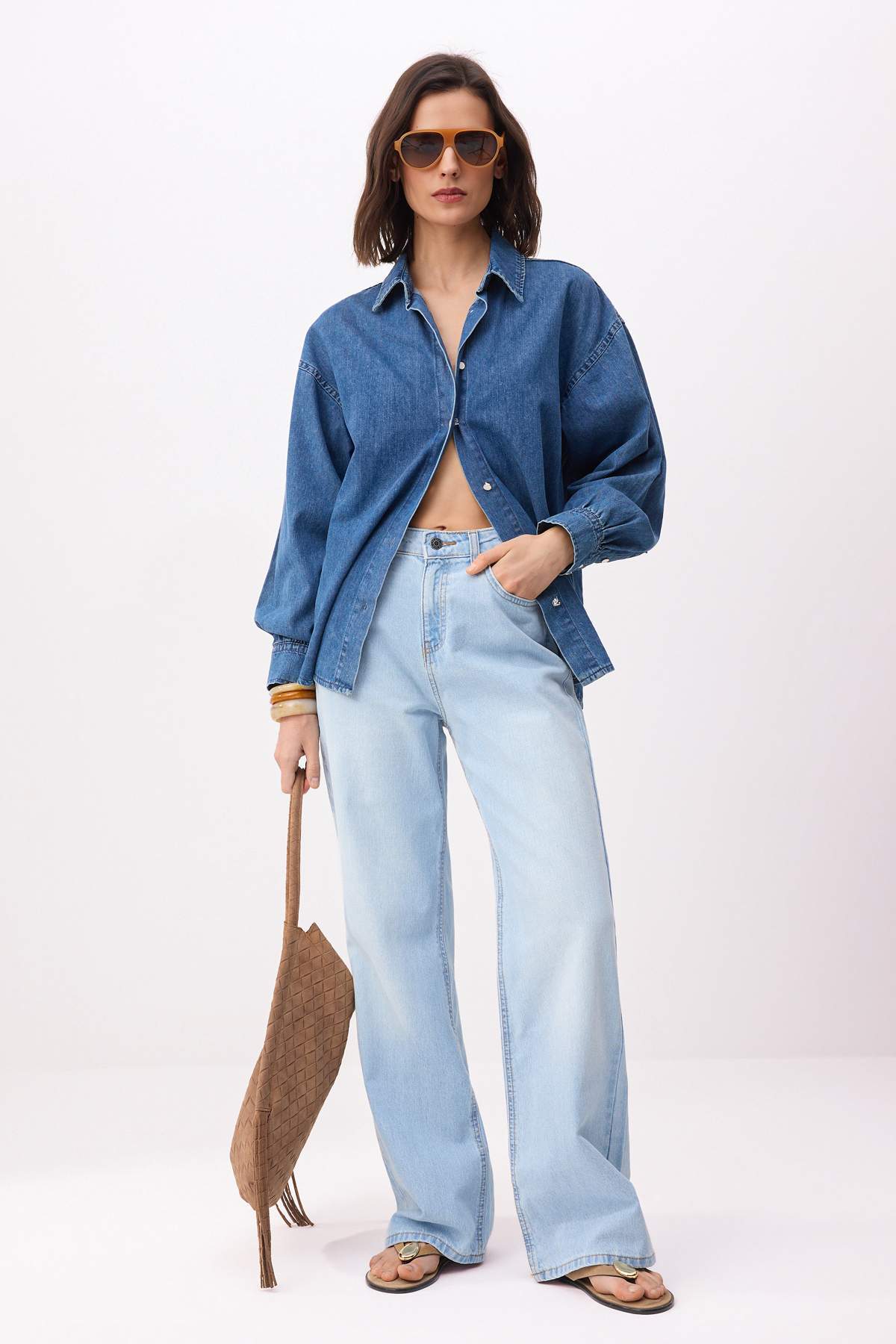 Trendyolmilla  Buz Mavisi Yüksek Bel %100 Pamuk Wide Leg Jeans TWOSS26JE00204 - Görsel 2