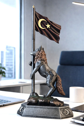 AF SANART Bayrak Tutan Kurt biblo dekoratif Türk Bayrağı bozkurt Figürü