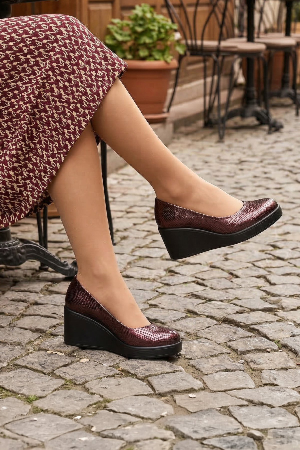 Mabel Burgundy Snake Genuine Calfskin Round Toe Filler Heels Casual Shoes
