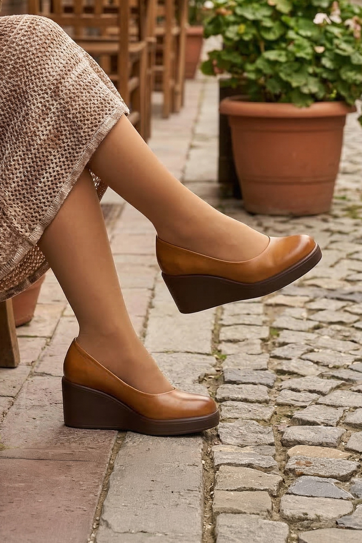 Mabel Tan Genuine Calfskin Round Toe Fill Heels Casual Shoes