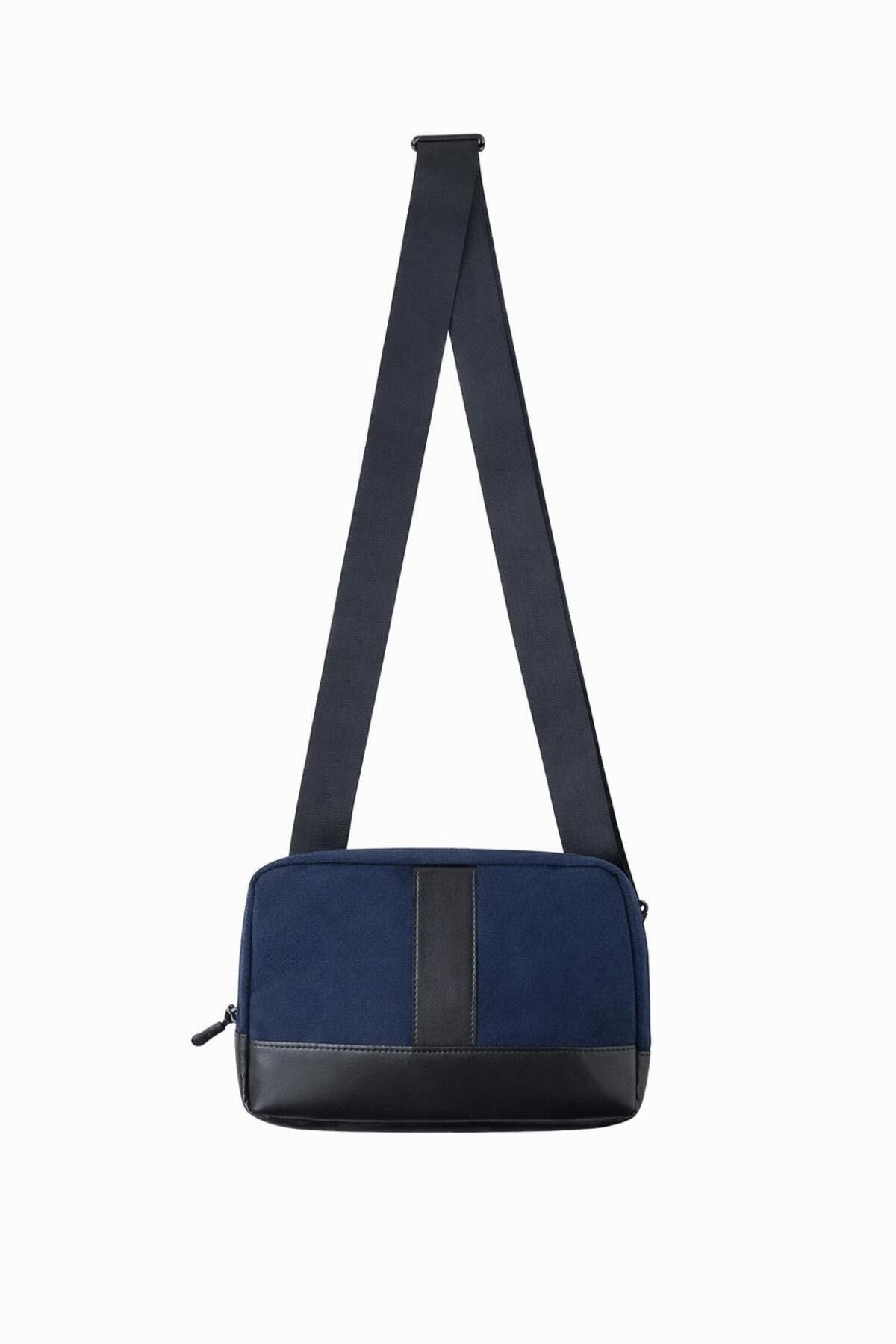 Aggu Bebe  Unisex Çapraz Mini Çanta Ayarlanabilir Askılı Yan Çanta Deri Detaylı Omuz Çantası - Lacivert