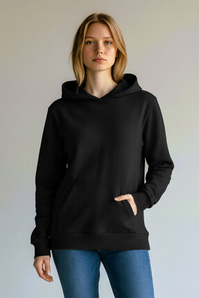 evavi Kadın Baskısız Kapüşonlu Kanguru Cepli Siyah Sweatshirt