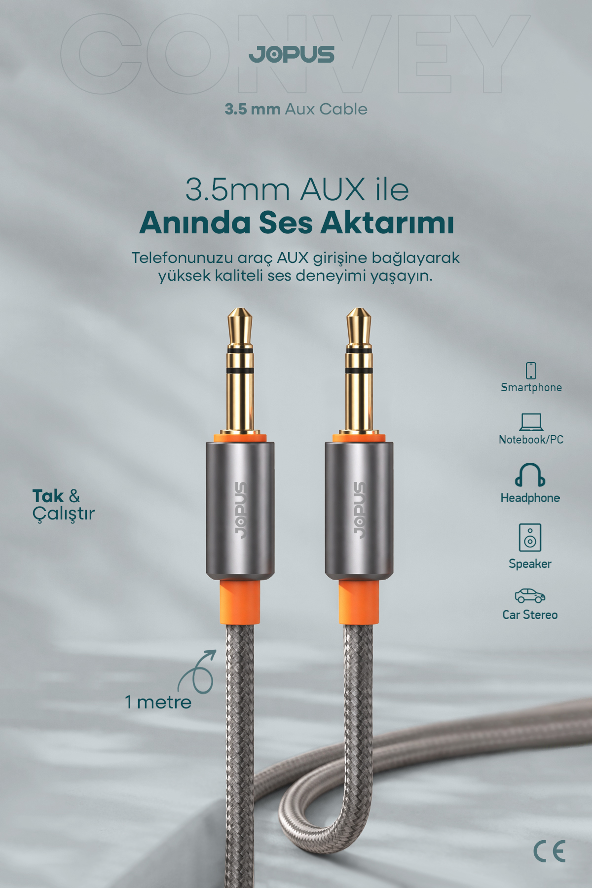 3.5mm Aux to 3.5mm Aux Cable Stereo Support Braided Smoked 1 Meter Smoked JA-05