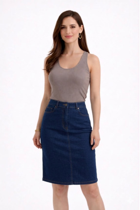 FlexiFit Yüksek Bel Beyaz Kot Etek Kadın – Arkadan Yırtmaçlı Midi Boy Denim E...
