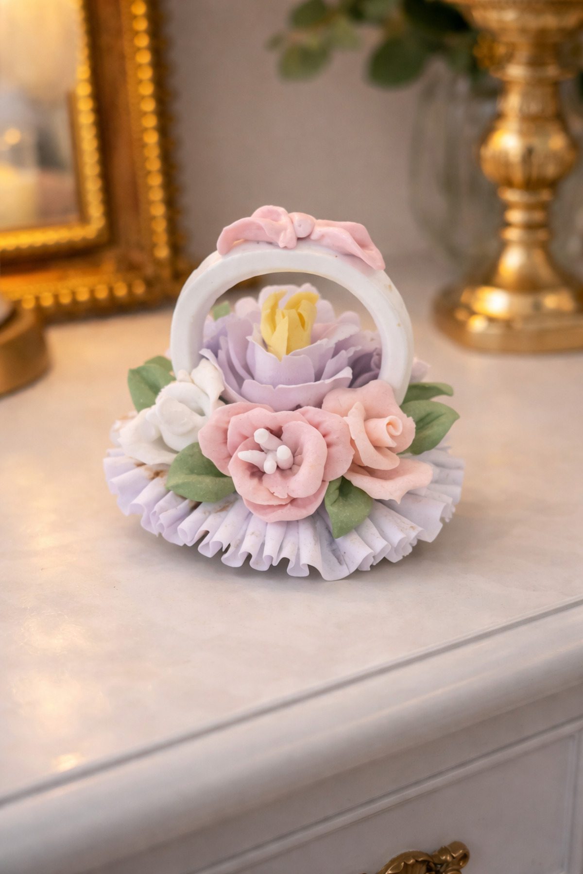 esdekor Capodimonte Porselen Yapay Çiçek Sepet Biblo Çiçekli 7cm