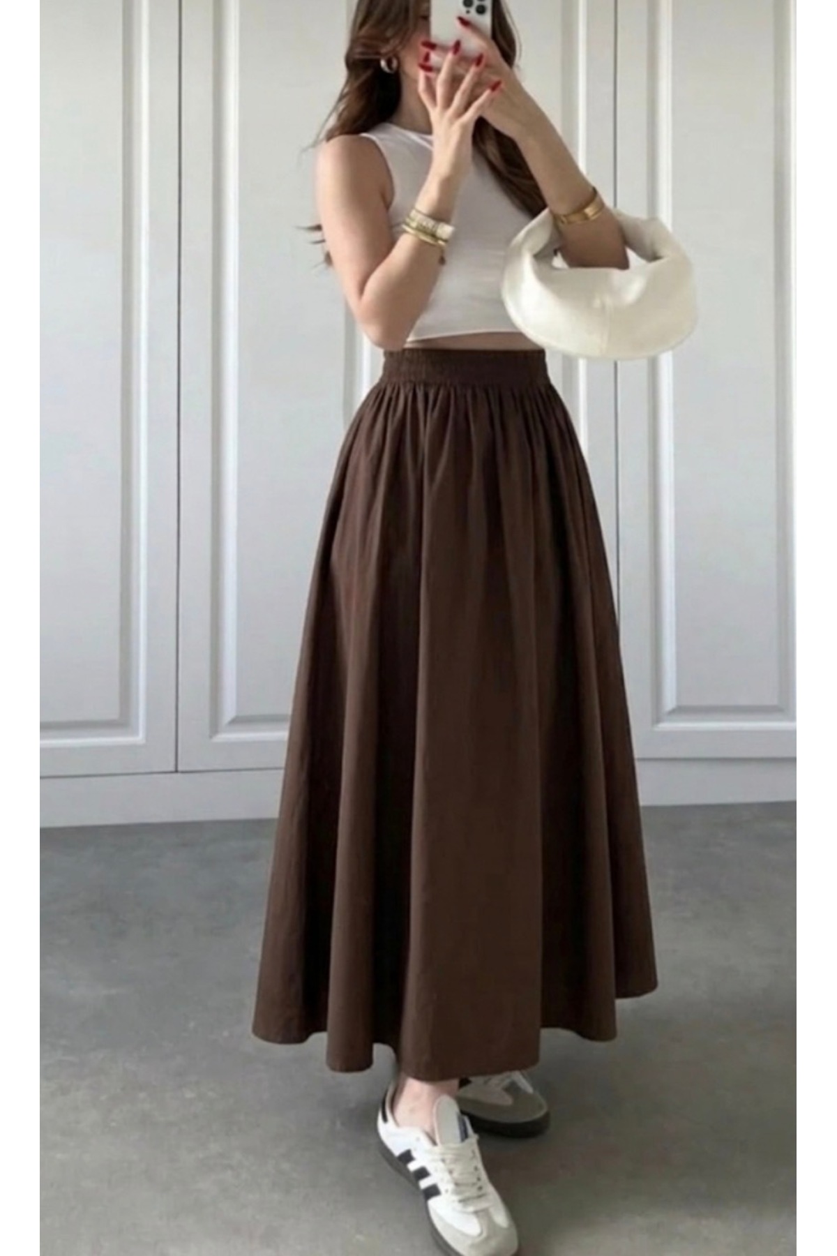 Gülmude  Uzun Beli Lastikli Etek Fleto Cepli İç Göstermez Poplin Kumaş Mevsimlik Etek (90CM) - Görsel 4