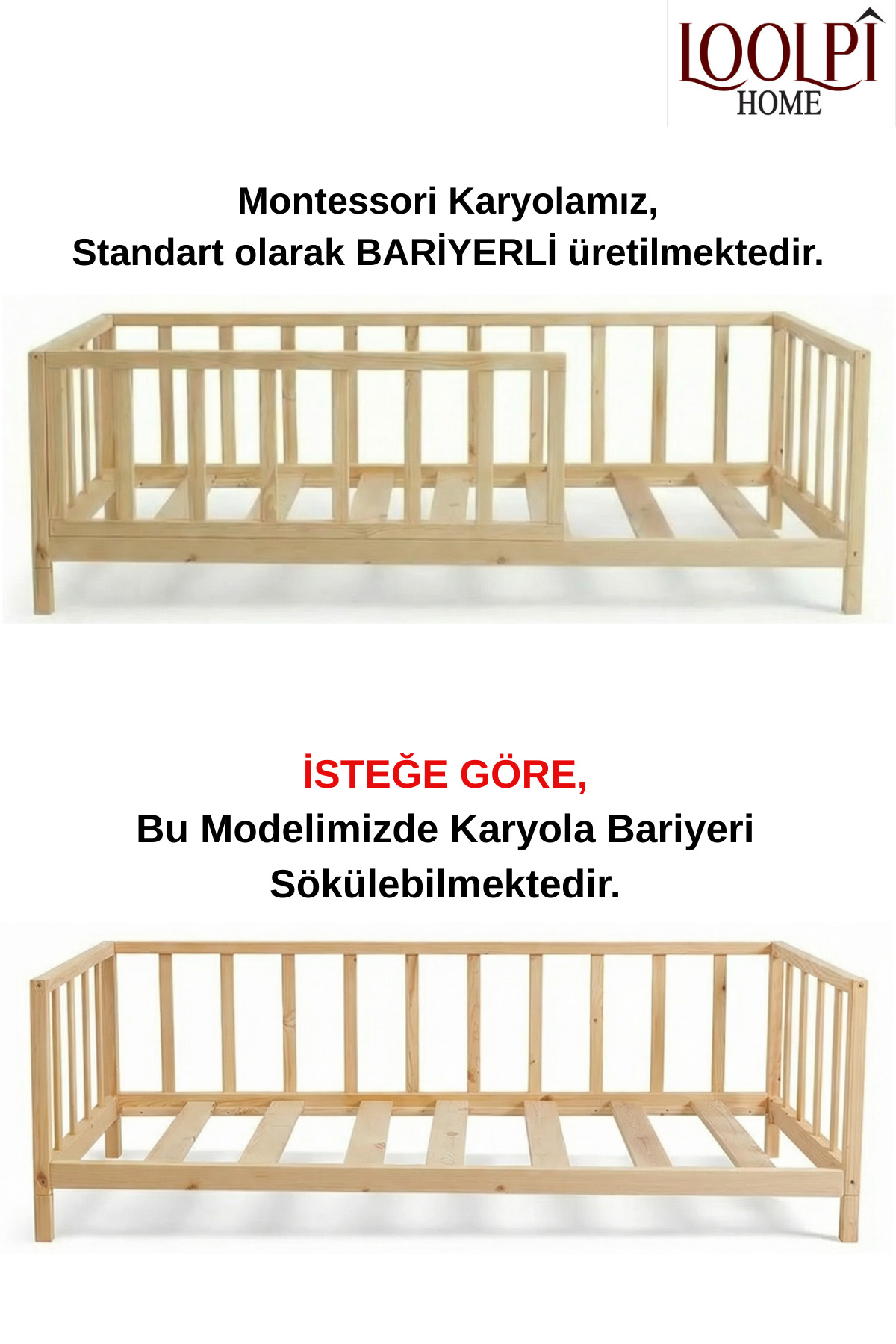 Loolpi Home Star Comfort Montessori Bebek ve Çocuk Karyolası Unisex Doğal Ahşap Yatak fotoğrafı 3 (önizleme)