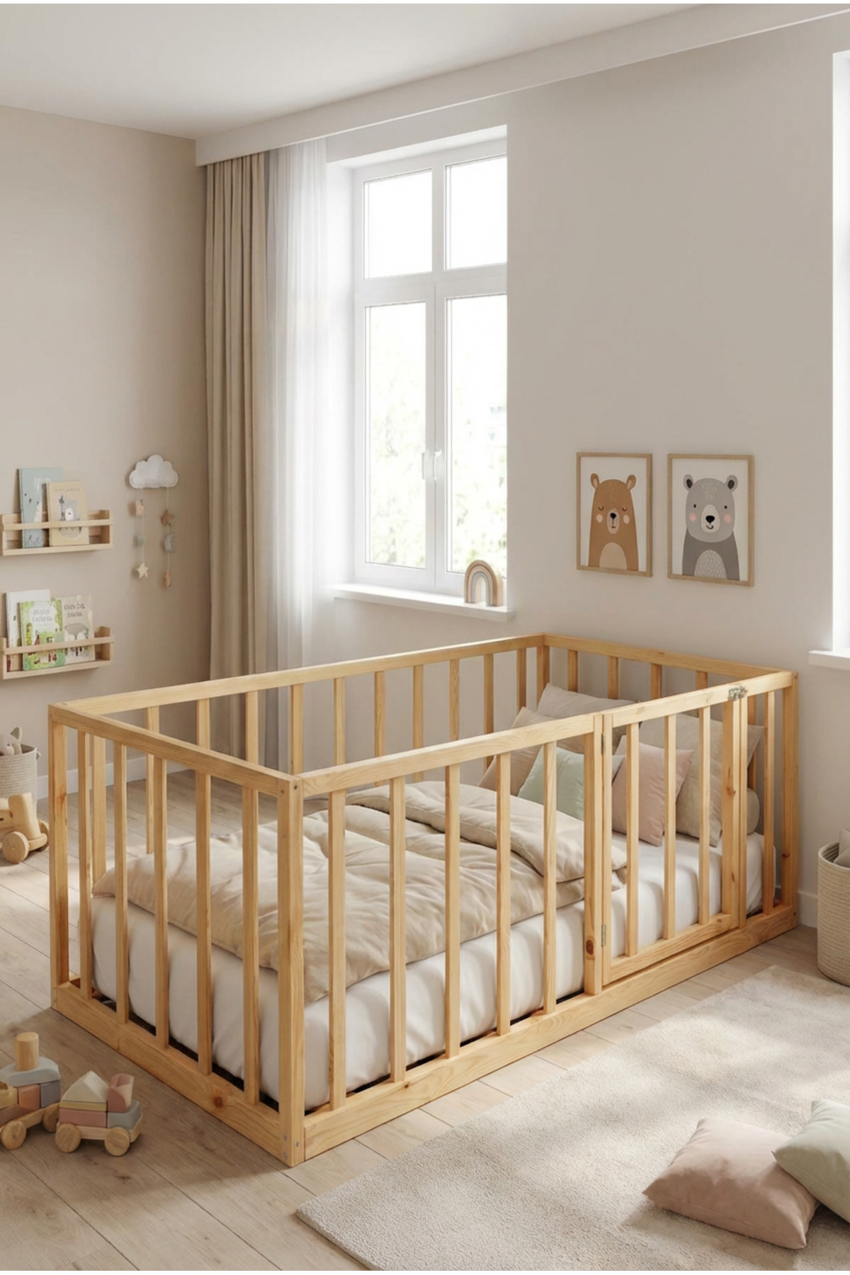 Loolpi Home Cosmo 80 cm Bariyerli Montessori Bebek ve Çocuk Karyolası Unisex Kapılı Ahşap Park Yatak fotoğrafı 2 (önizleme)