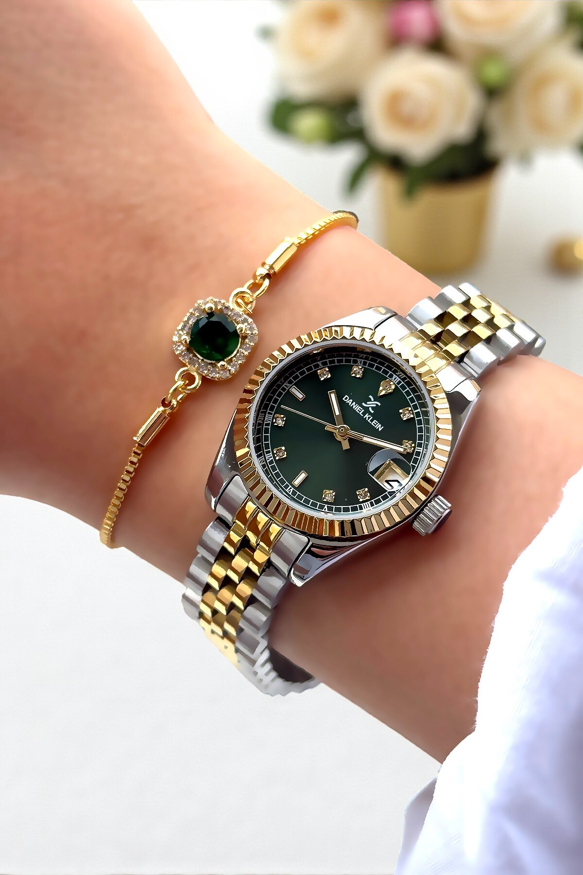 Daniel Klein  %100 Orijinal Sevgiliye Hediye Yeşil Kadranlı Altın Gümüş Renk Kadın Kol Saati Bileklik Kombini - Görsel 6