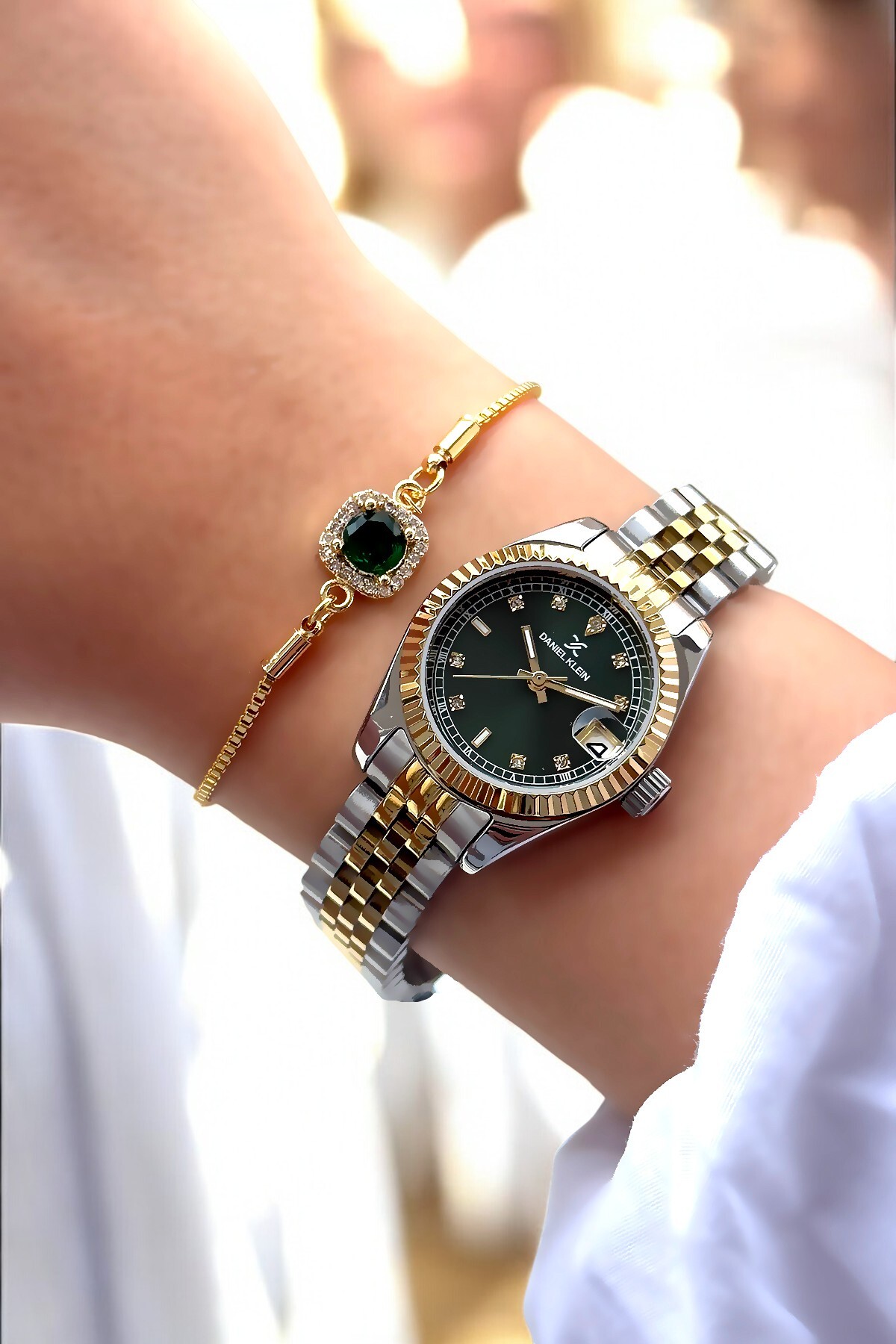 Daniel Klein  %100 Orijinal Sevgiliye Hediye Yeşil Kadranlı Altın Gümüş Renk Kadın Kol Saati Bileklik Kombini - Görsel 5