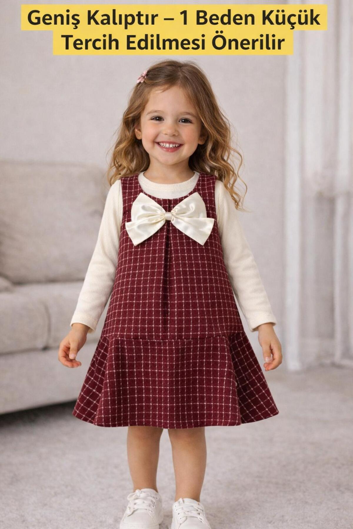 Kuzucuk Kids Bebek Çocuk Butik Kız Çocuk Bayramlık Bordo Tüvit Jile Elbise Bluz Takım Bol kalıp fotoğrafı 2 (önizleme)