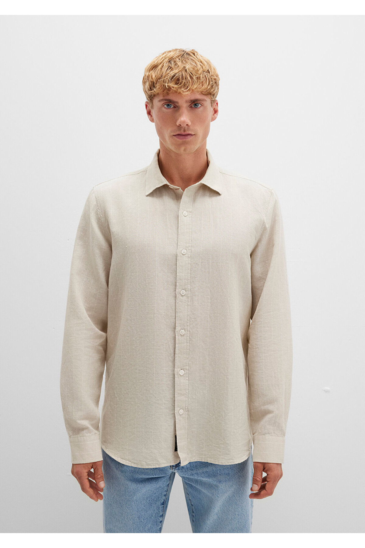 Mavi  Çizgili Bej Gömlek Regular Fit / Normal Kesim 0211704-90925 - Görsel 4