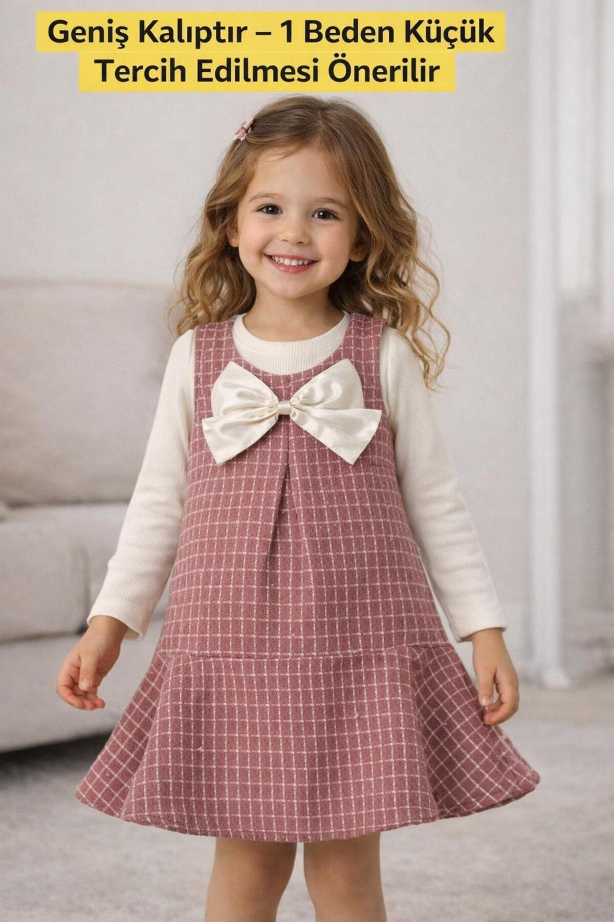Kuzucuk Kids Bebek Çocuk Butik kız Çocuk Bayramlık Pembe Tüvit Jile Elbise Bluz Takım Bol Kalıp fotoğrafı 3 (önizleme)