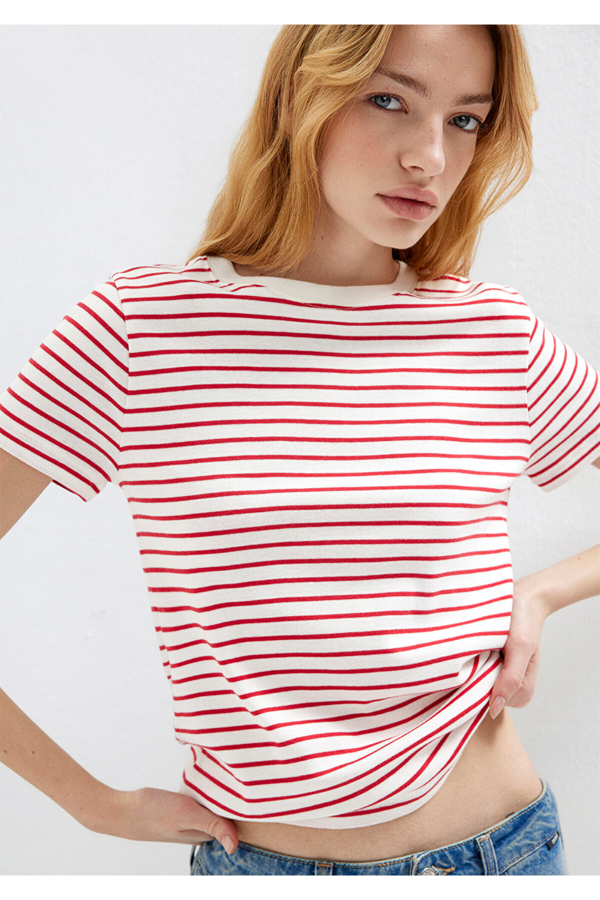 Mavi  Bisiklet Yaka Çizgili Kırmızı Tişört Slim Fit / Dar Kesim 1612881-86680 - Görsel 3