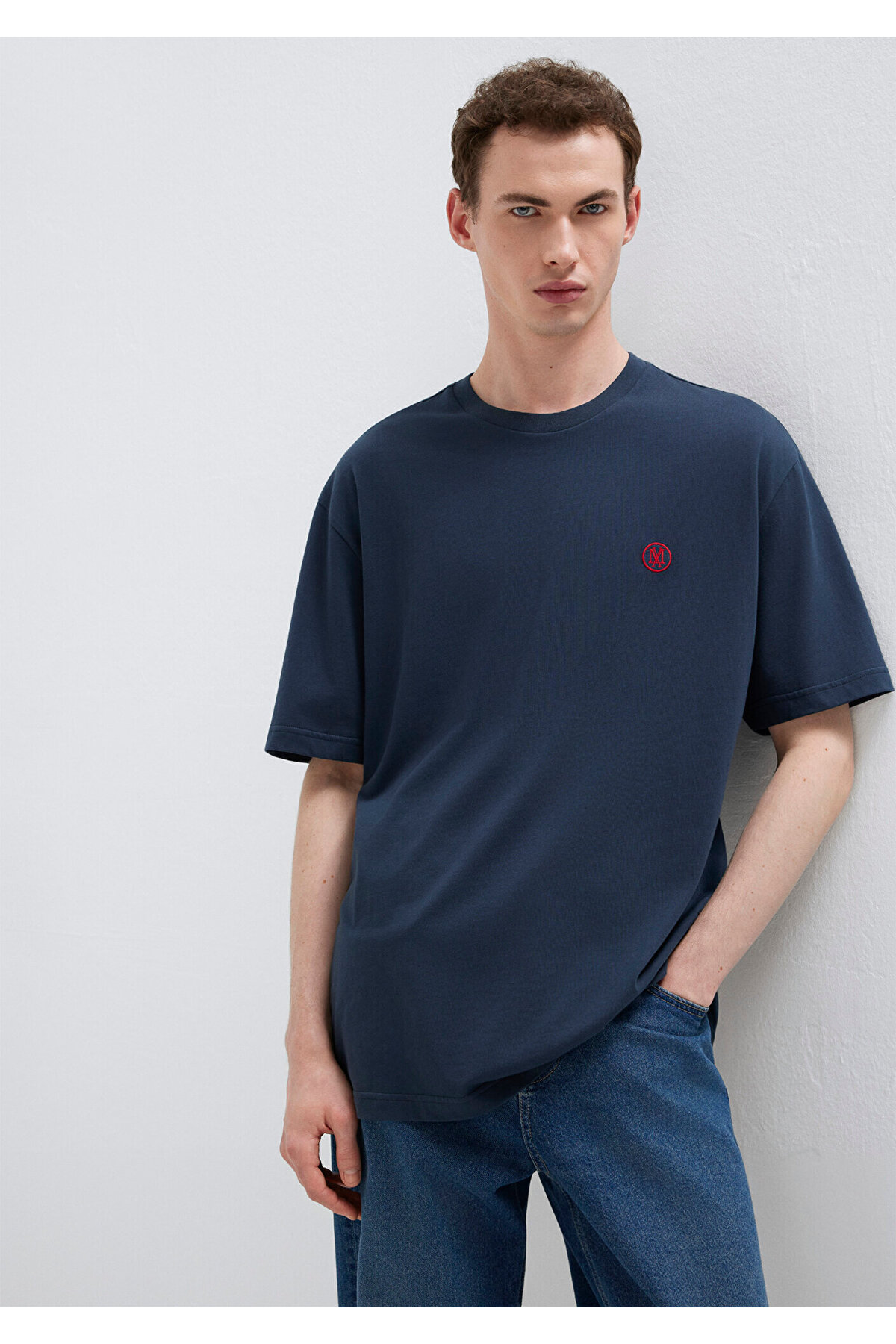 Mavi  2li Mühür Logo Nakışlı Erkek Tişört Loose Fit / Bol Rahat Kesim 0612545-620 - Görsel 2