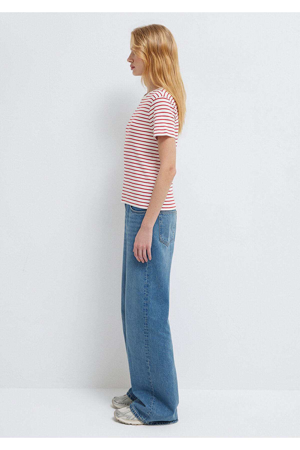 Mavi  Bisiklet Yaka Çizgili Kırmızı Tişört Slim Fit / Dar Kesim 1612881-86680 - Görsel 5