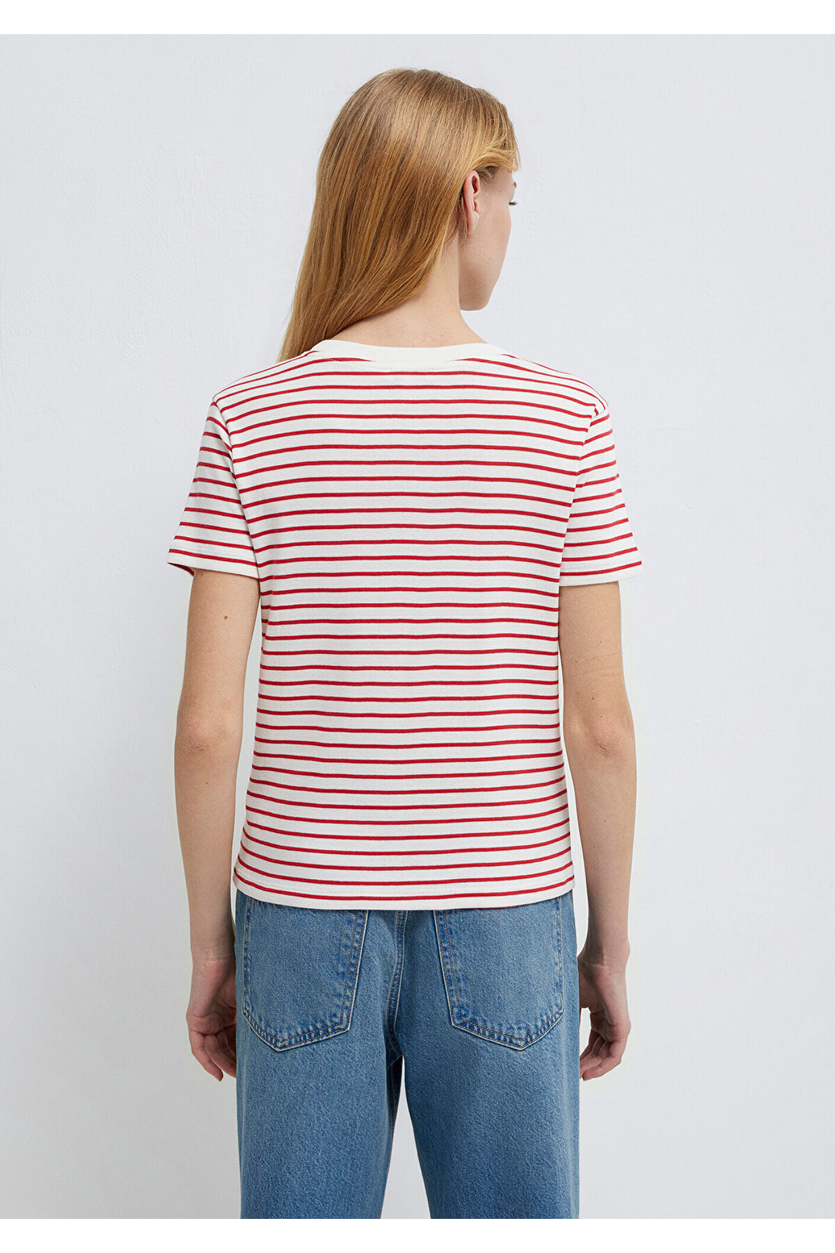 Mavi  Bisiklet Yaka Çizgili Kırmızı Tişört Slim Fit / Dar Kesim 1612881-86680 - Görsel 6