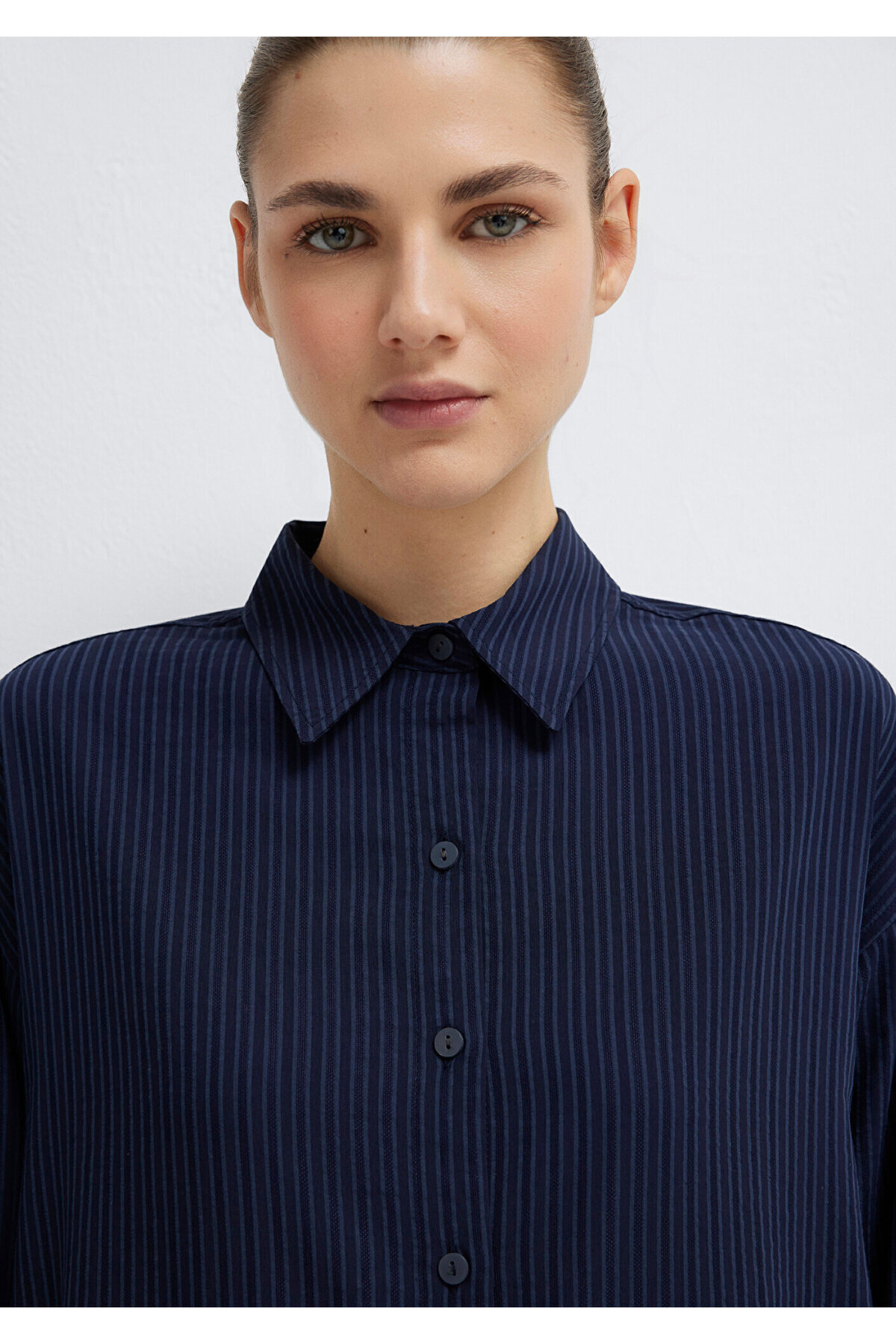 Mavi  Çizgili Lacivert Gömlek Oversize / Geniş Kesim 1210878-83699 - Görsel 6