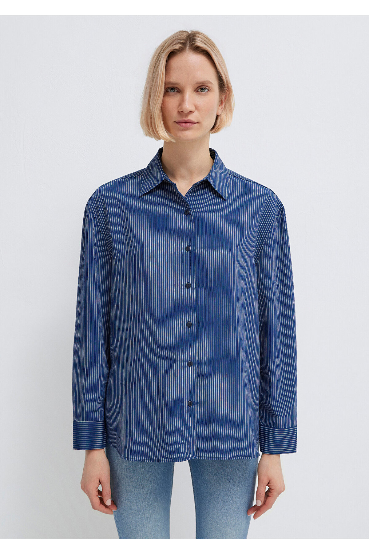 Mavi  Çizgili Lacivert Gömlek Loose Fit / Bol Rahat Kesim 1210683-80736 - Görsel 4