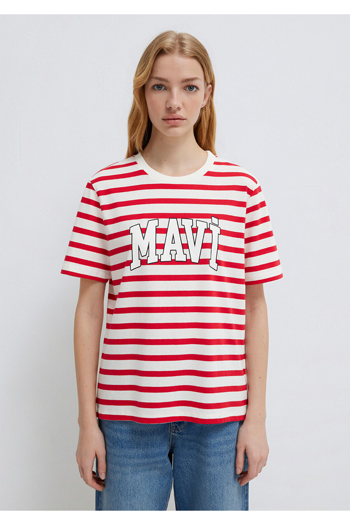 Mavi  Logo Baskılı Kırmızı Çizgili Tişört Regular Fit / Normal Kesim 1611360-84475 - Görsel 3