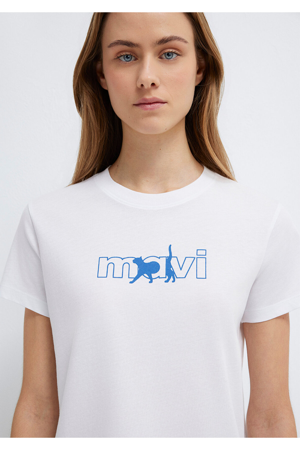 Mavi  Kedi Logo Baskılı Beyaz Tişört Regular Fit / Normal Kesim 1611478-620 - Görsel 6