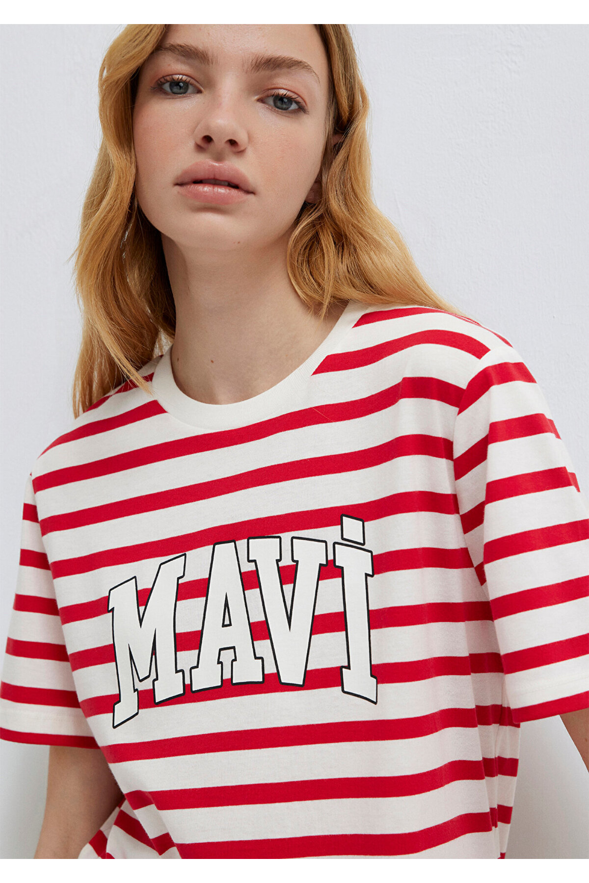 Mavi  Logo Baskılı Kırmızı Çizgili Tişört Regular Fit / Normal Kesim 1611360-84475 - Görsel 2