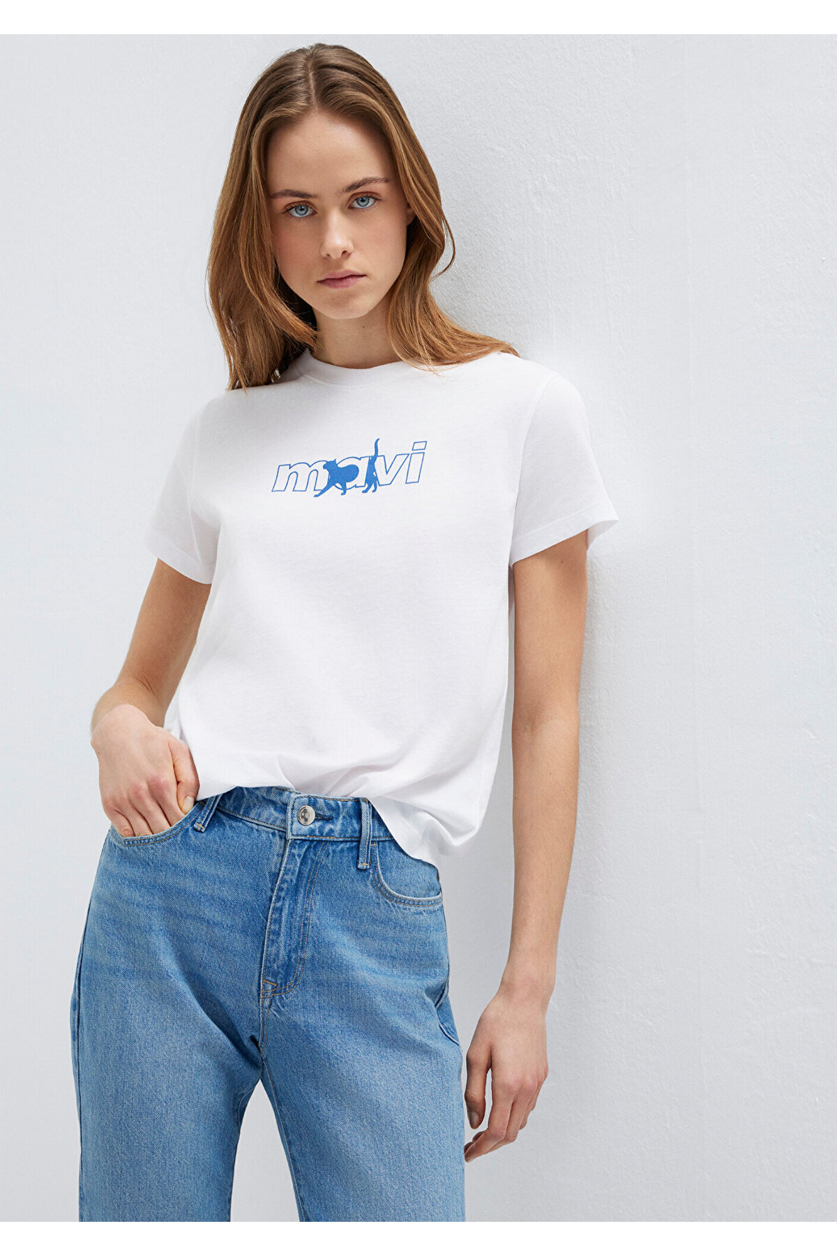 Mavi  Kedi Logo Baskılı Beyaz Tişört Regular Fit / Normal Kesim 1611478-620
