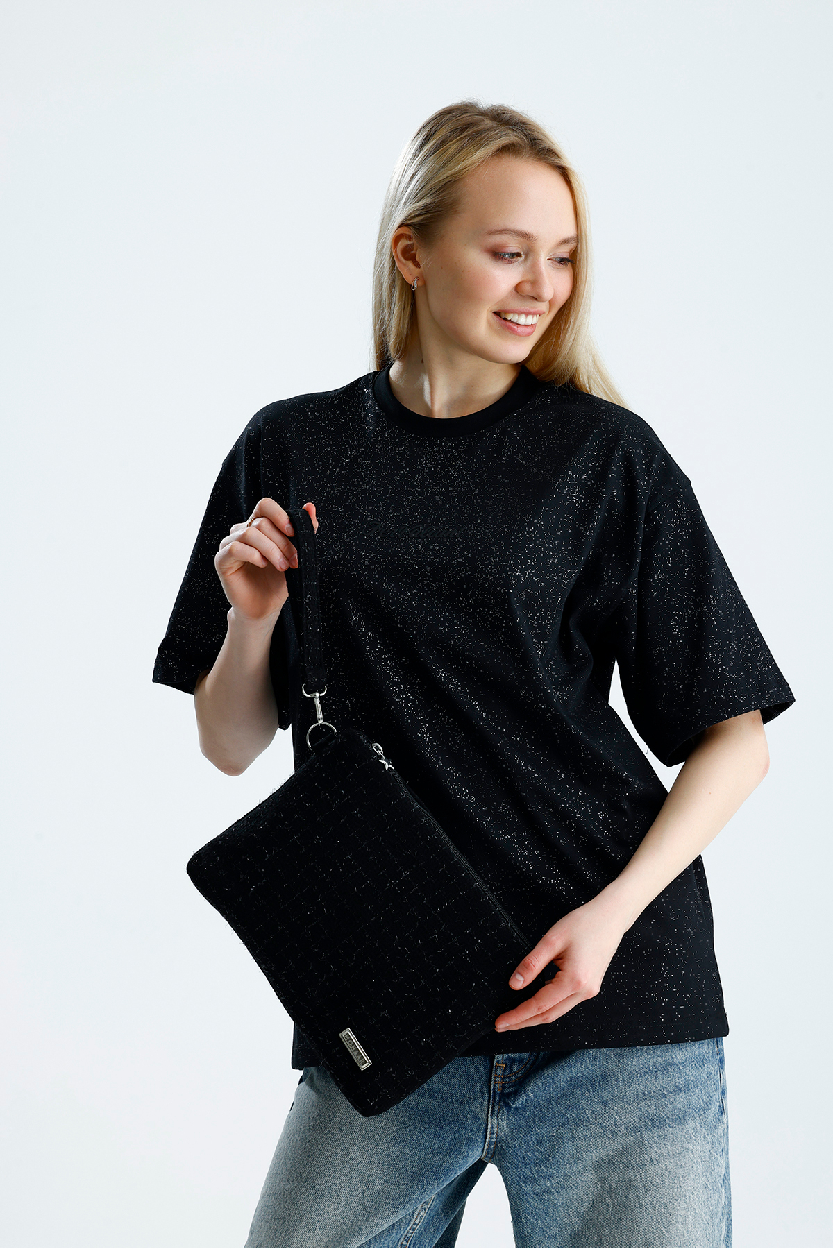 MONAAR Simli Parıltılı Tüvit Clutch Portföy Çanta Tablet Uyumlu görsel 4