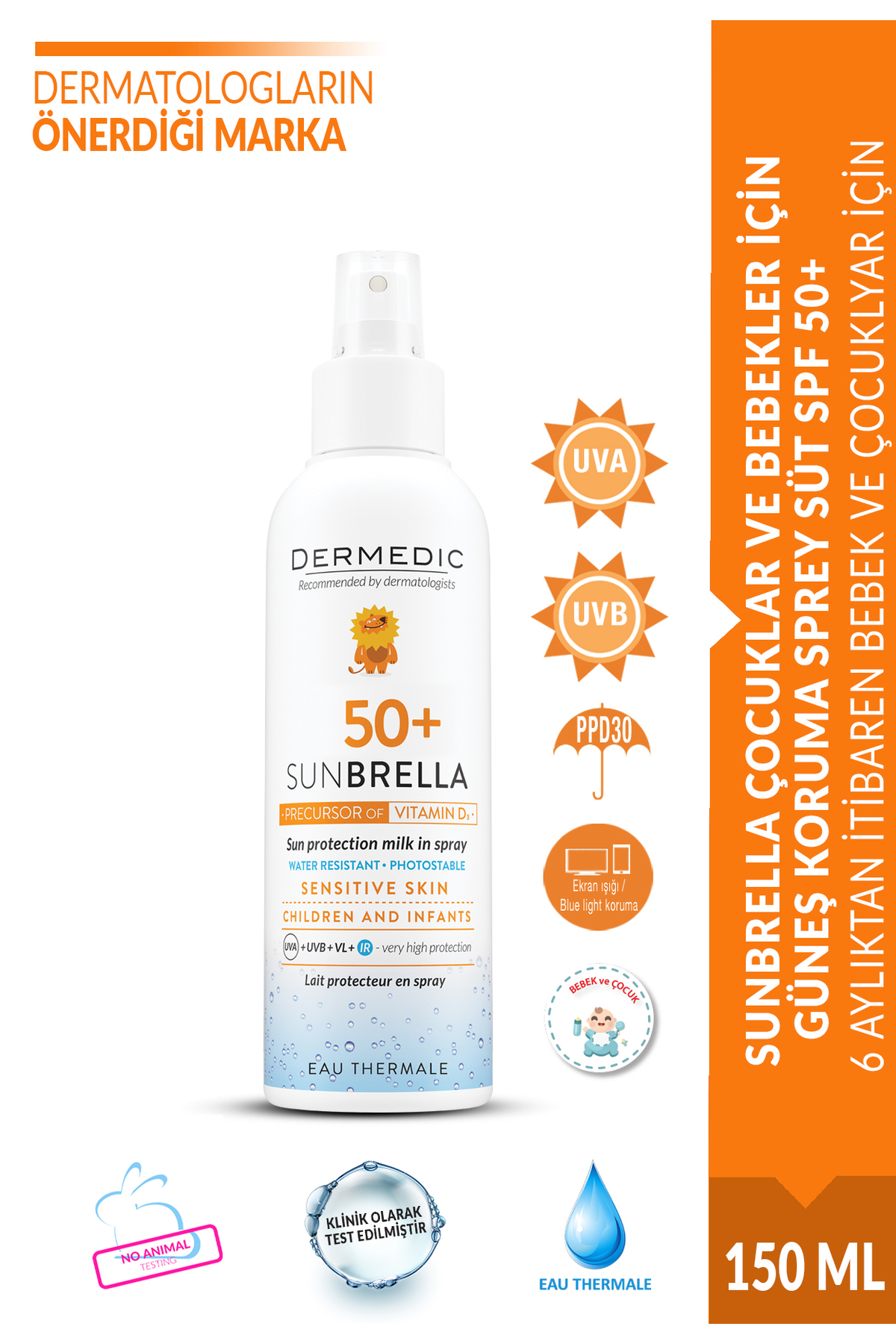 DERMEDIC SUNBRELLA ÇOCUKLAR VE BEBEKLER İÇİN GÜNEŞ KORUMA SPREY SÜT SPF 50+ 150 ML — 61