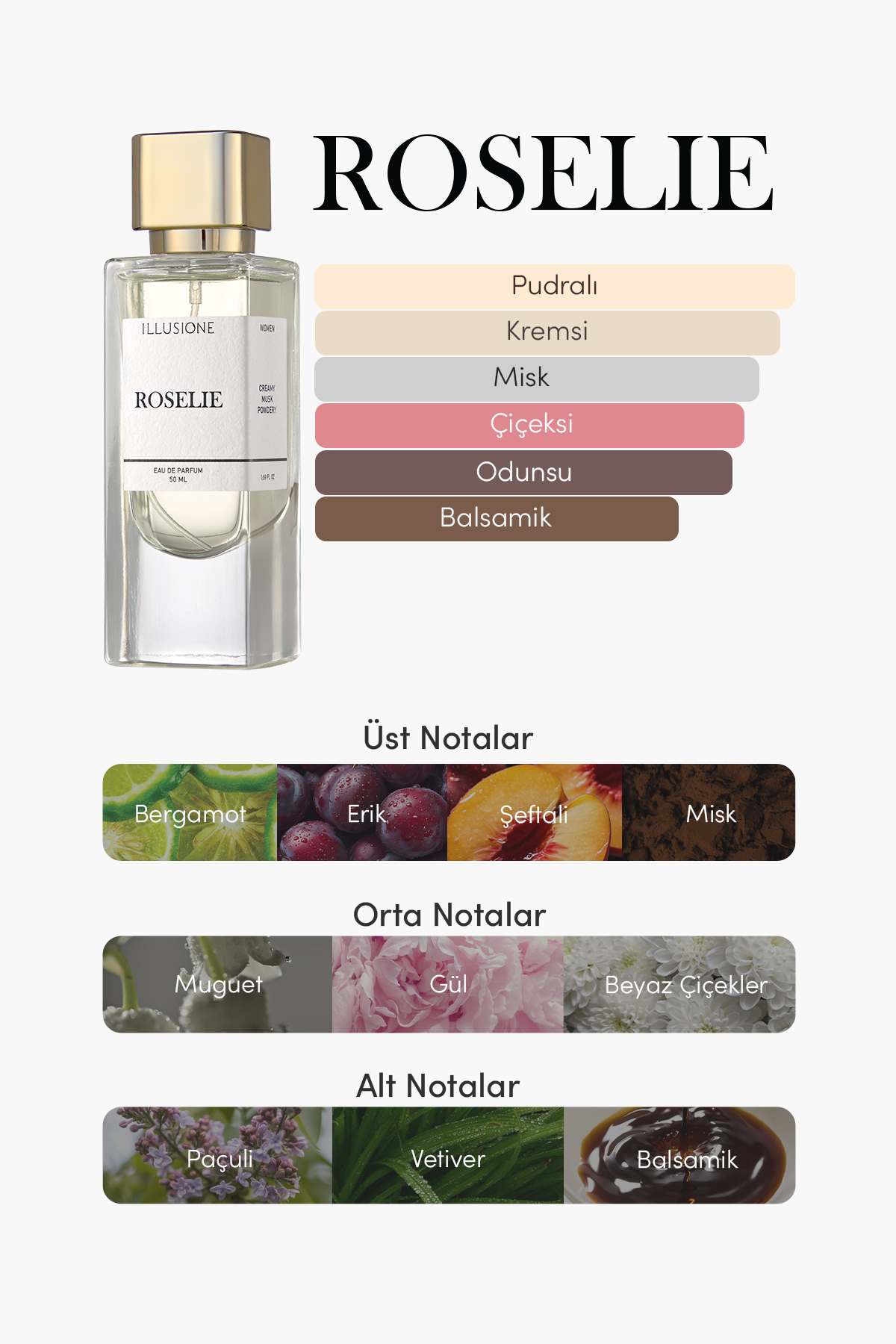 عطر زنانه Roselie EDP 50 میلی لیتر | کرمی-مشک-پودری | هلو، گل سفید، نعناع هندی — IPW010 — تصویر 5 از 8