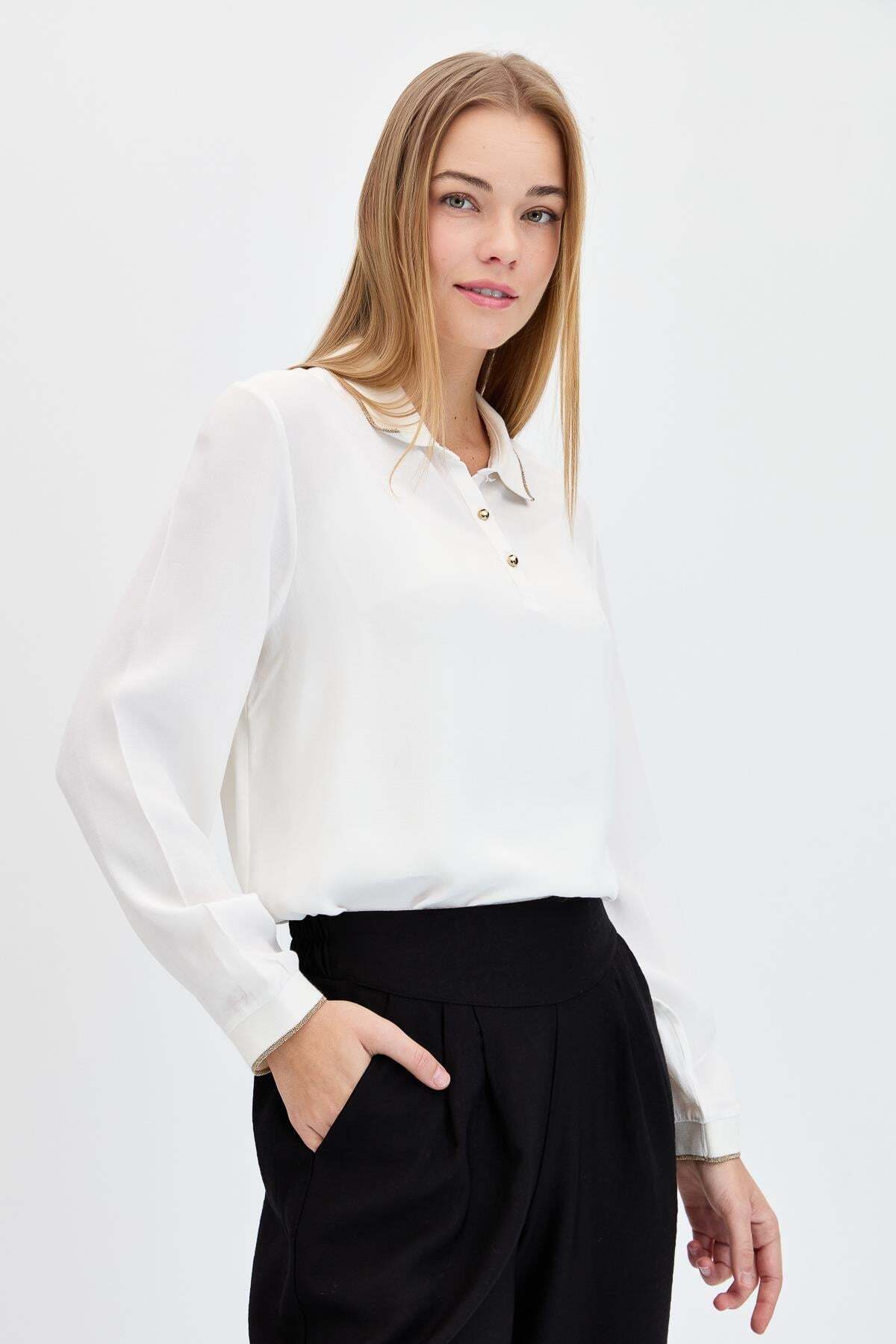 POLO NECK LONG SLEEVE ECRU WOMEN 'S BLOUSE23486-2Y4