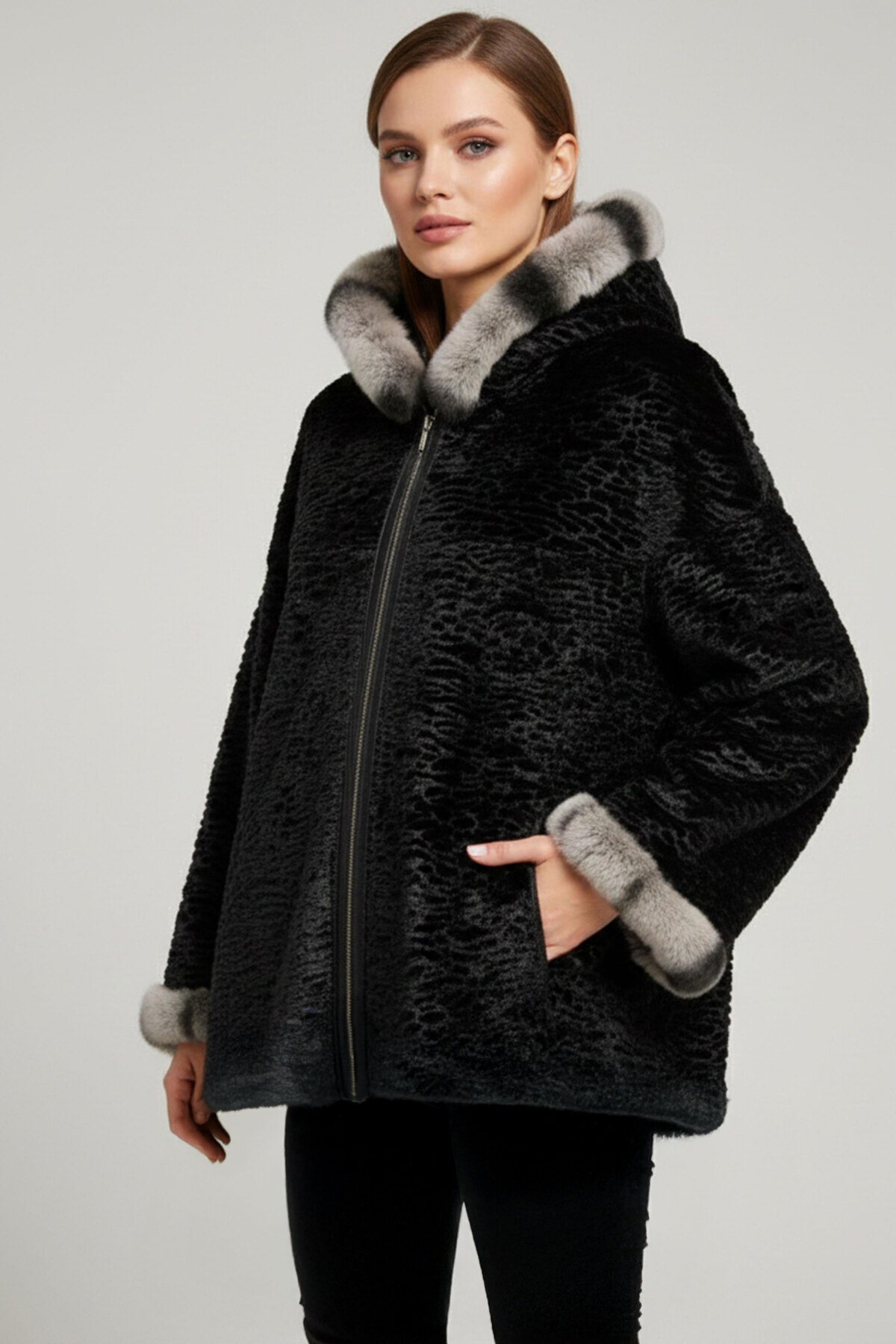 Deriderim  Siyah Perla Geniş Kesim Içi Kumaş Çift Taraflı Kapüşon Ve Kol Ağzı Kürklü Kadın Hakiki Deri Kaban
